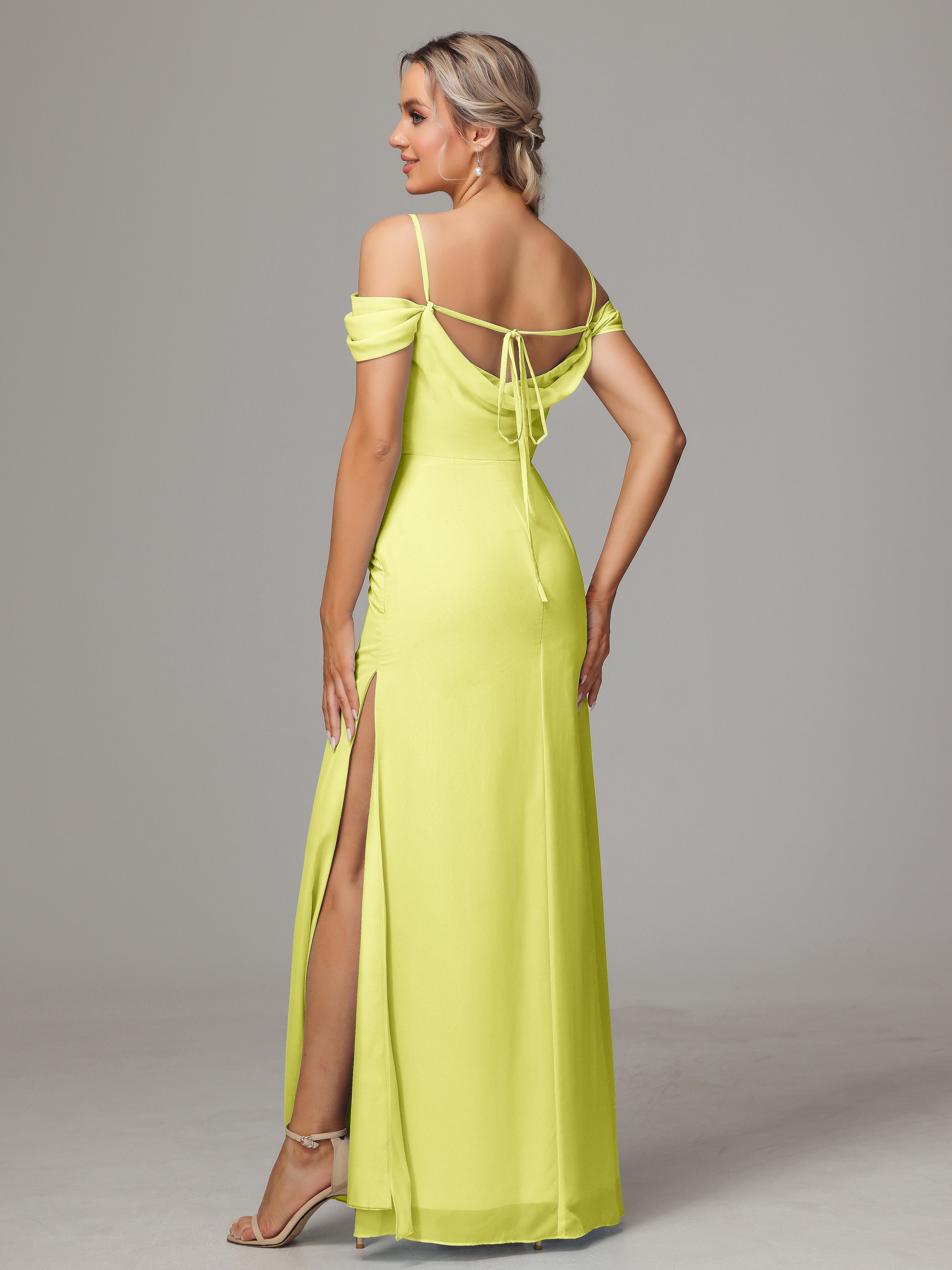 Spaghetti Straps Off The Shoulder Chiffon Wedding Guest Dress With Slit