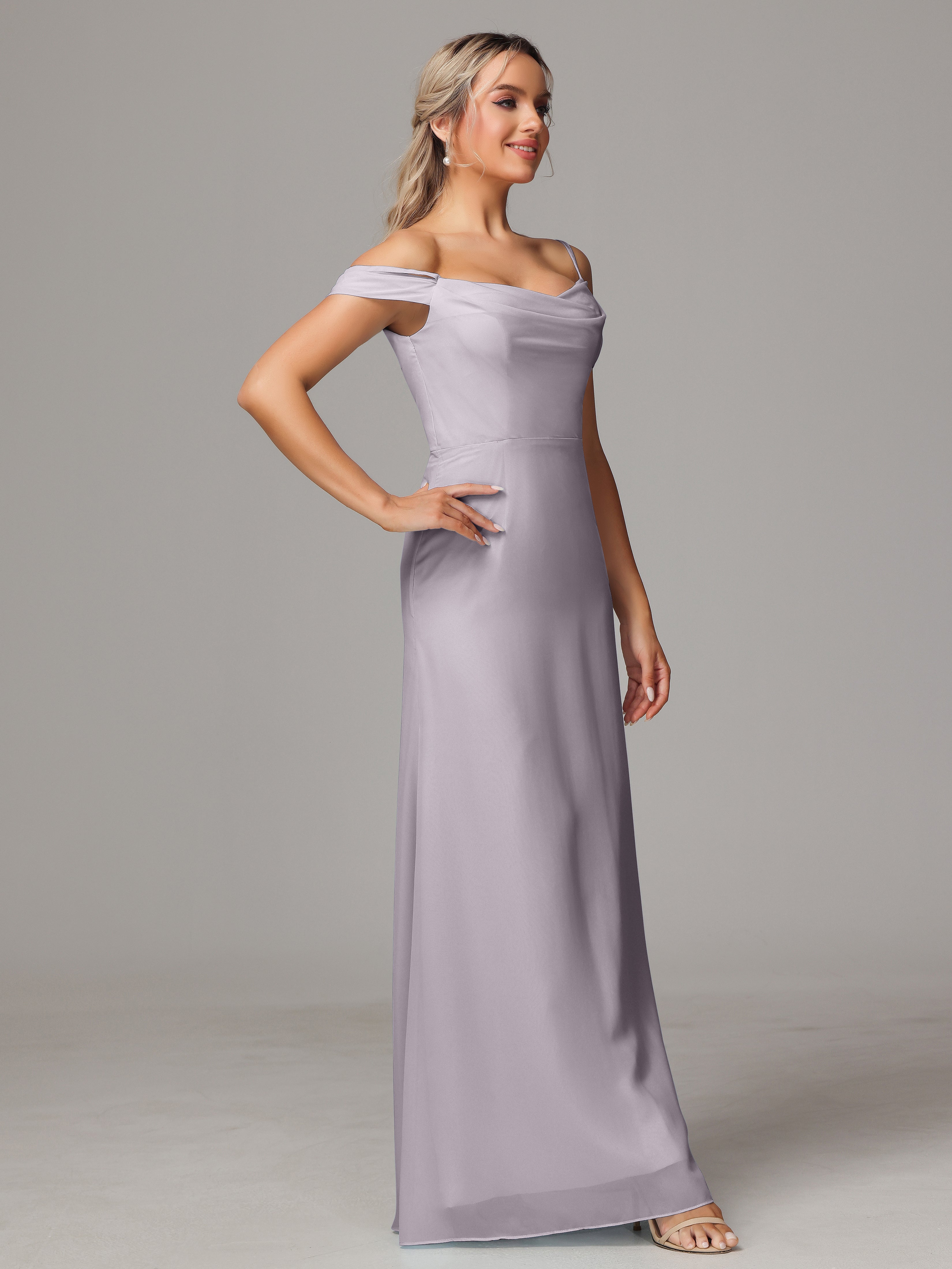 Spaghetti Straps Off The Shoulder Chiffon Wedding Guest Dress With Slit