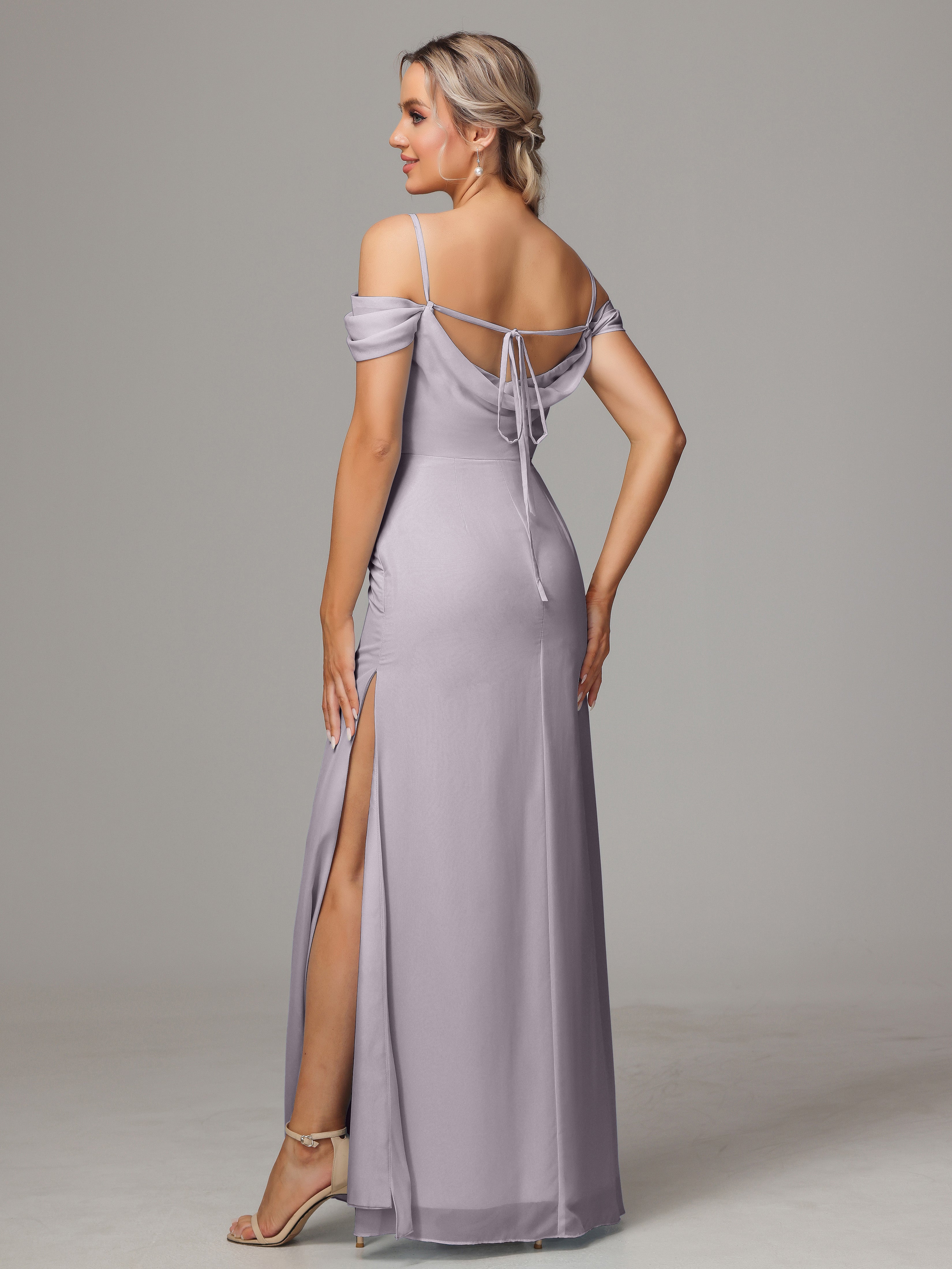 Spaghetti Straps Off The Shoulder Chiffon Wedding Guest Dress With Slit