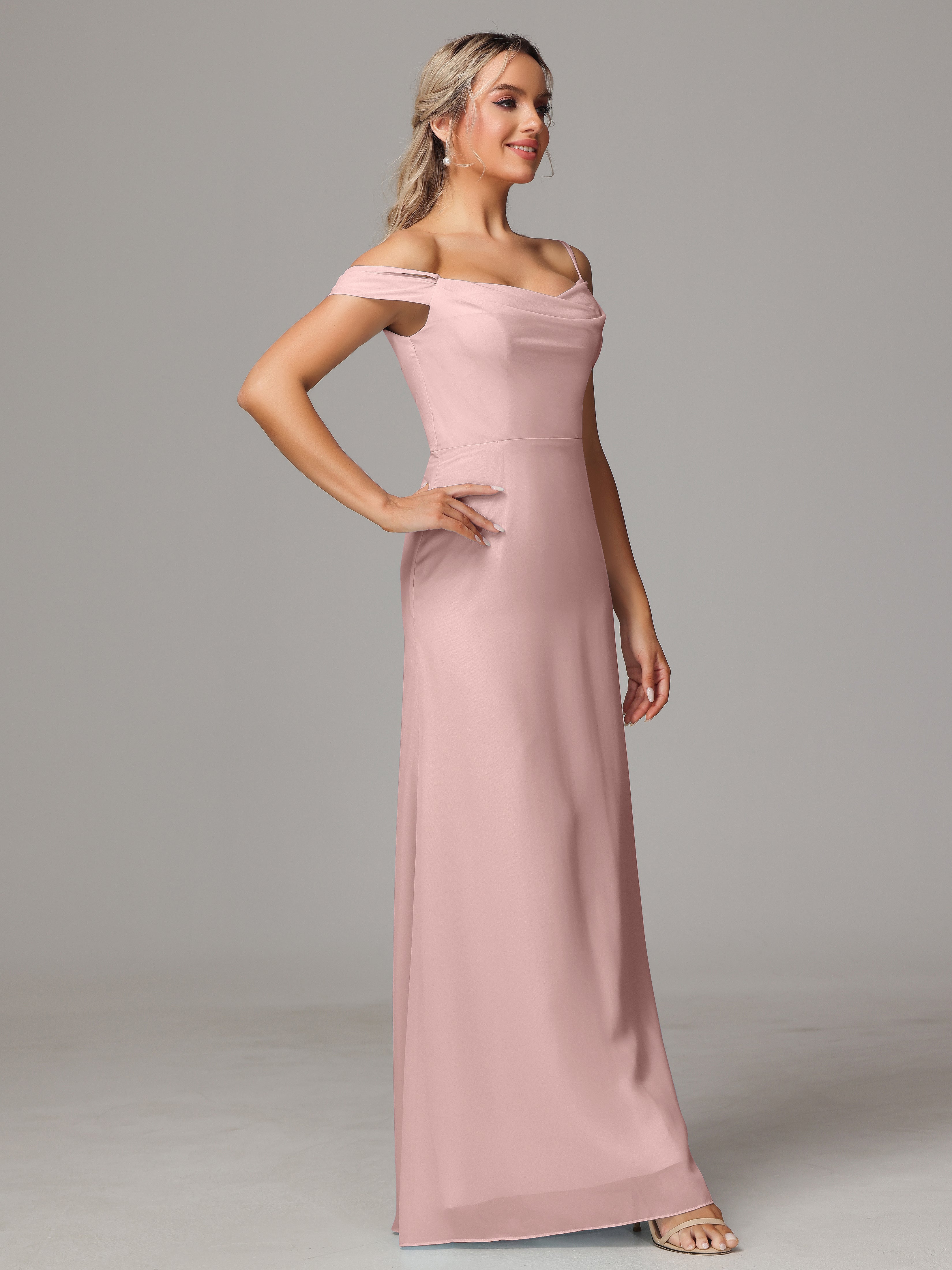 Spaghetti Straps Off The Shoulder Chiffon Wedding Guest Dress With Slit
