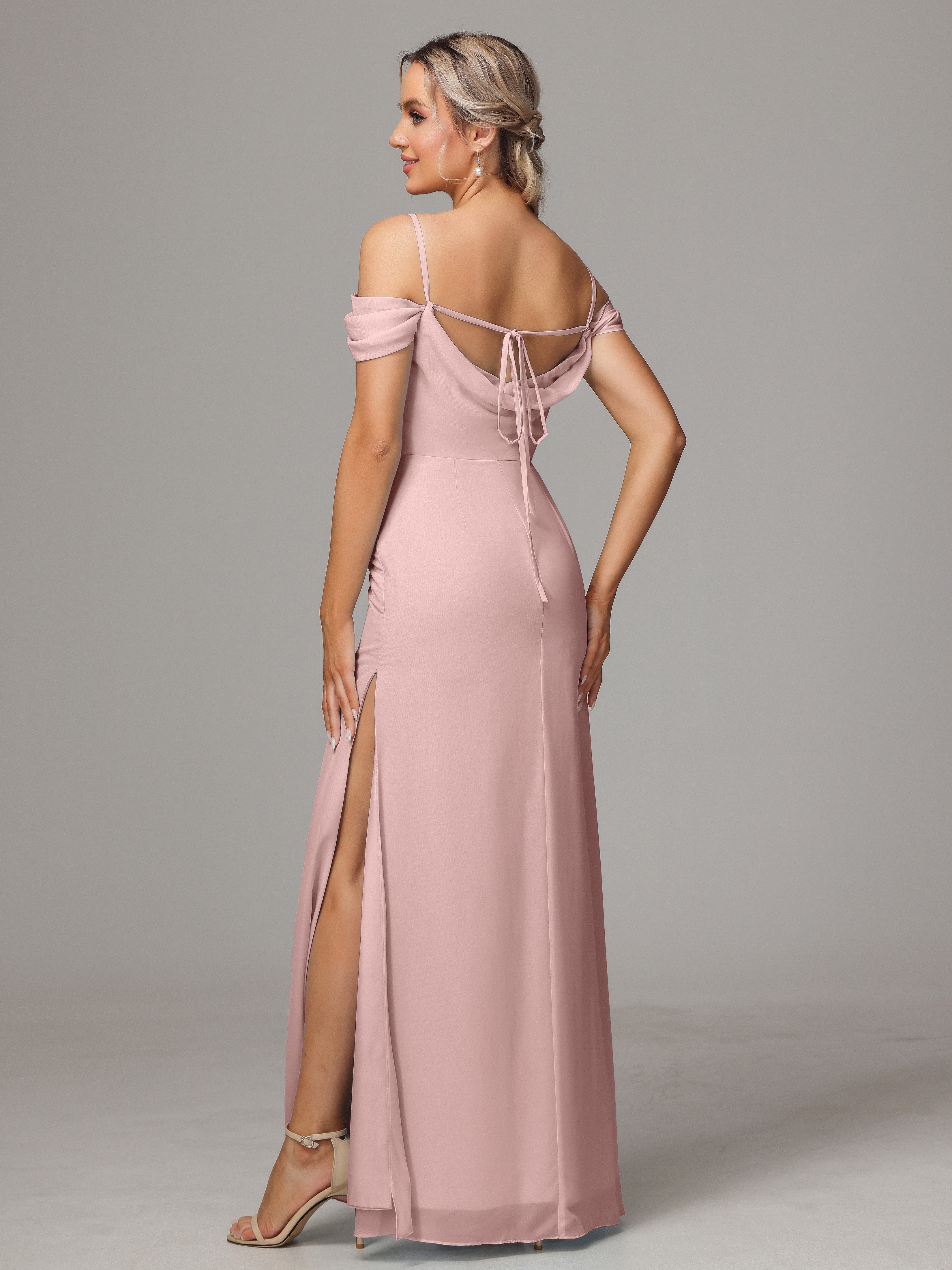Spaghetti Straps Off The Shoulder Chiffon Wedding Guest Dress With Slit