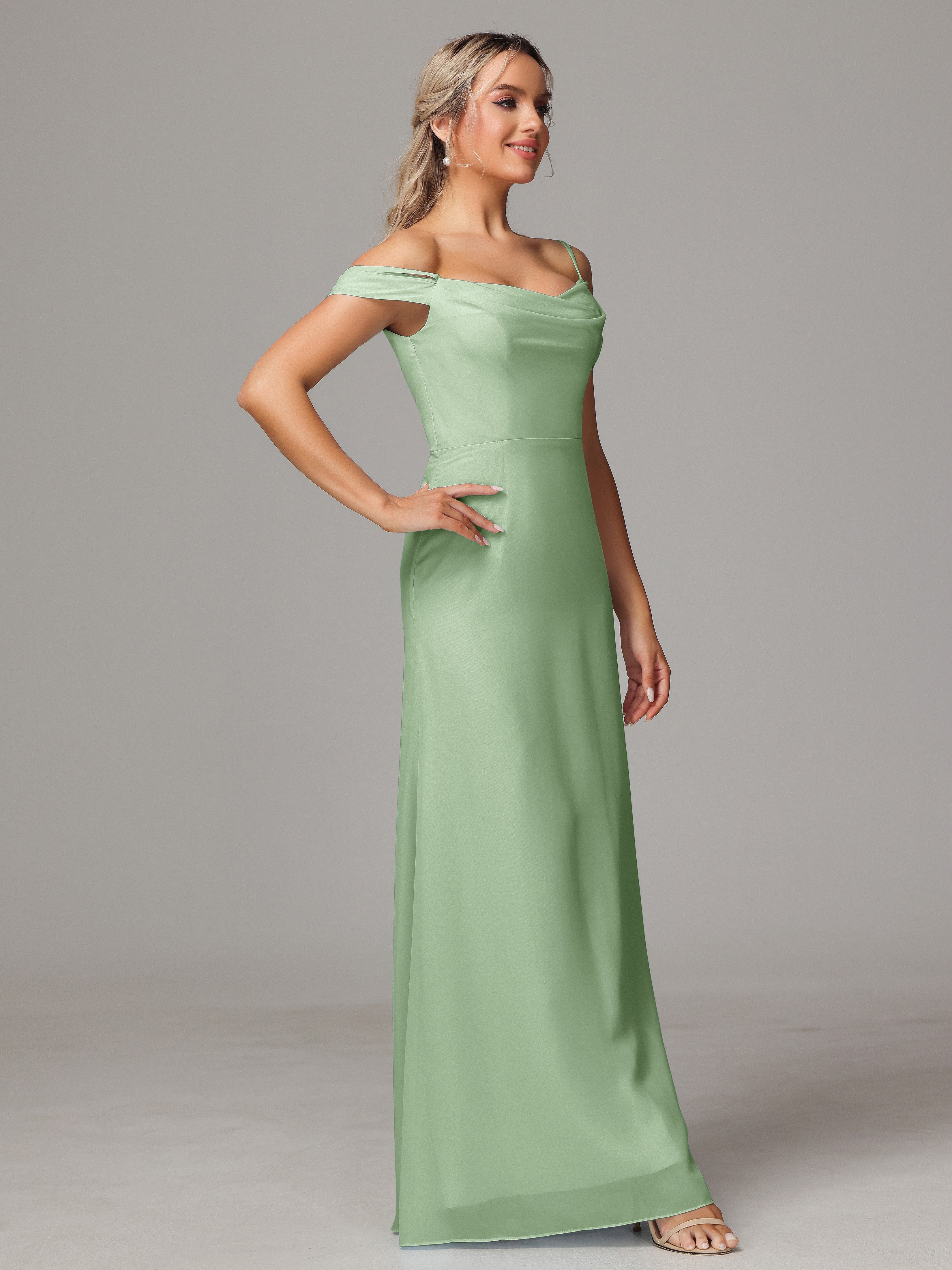 Spaghetti Straps Off The Shoulder Chiffon Wedding Guest Dress With Slit