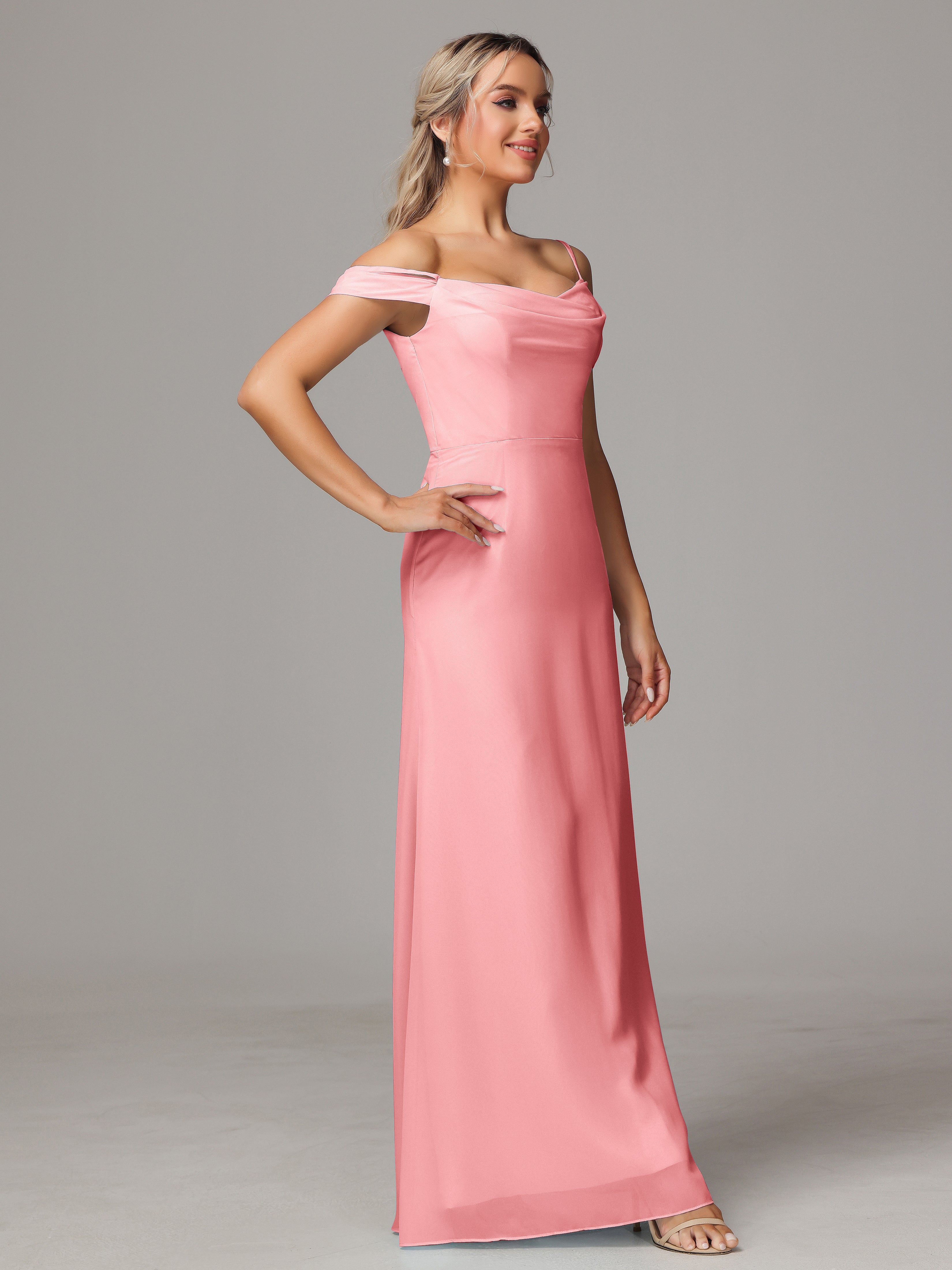 Spaghetti Straps Off The Shoulder Chiffon Wedding Guest Dress With Slit