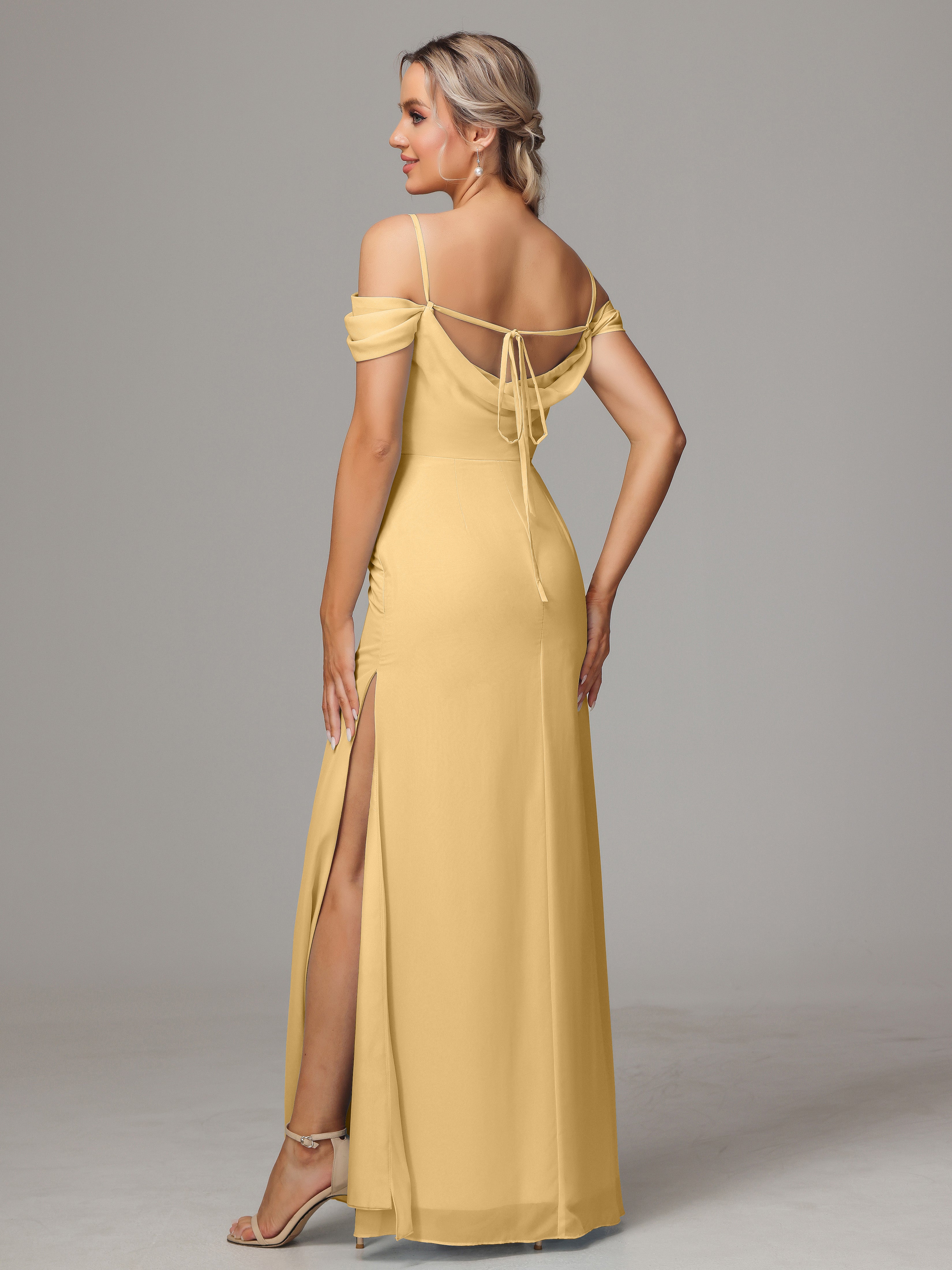 Spaghetti Straps Off The Shoulder Chiffon Wedding Guest Dress With Slit