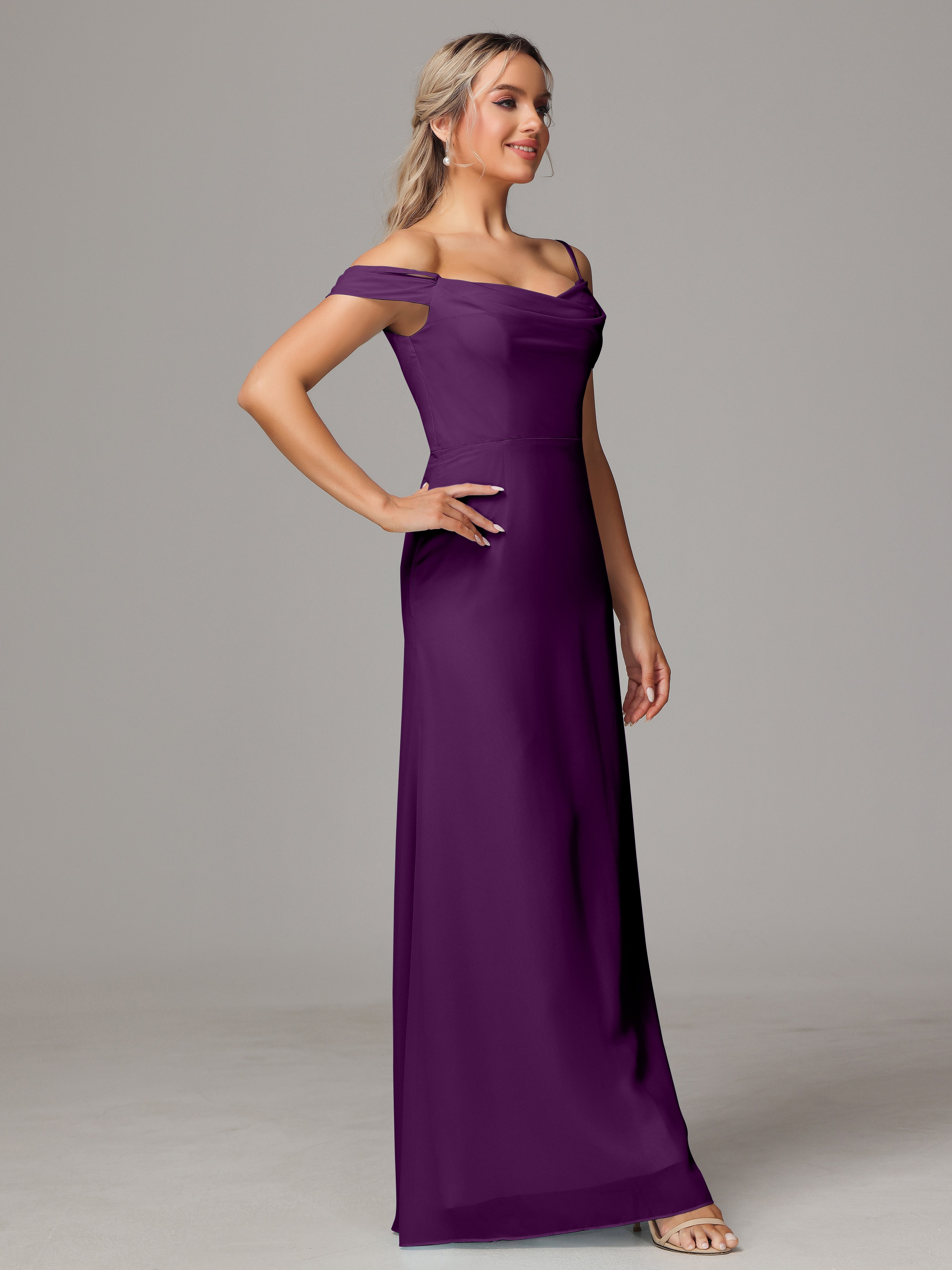 Spaghetti Straps Off The Shoulder Chiffon Wedding Guest Dress With Slit