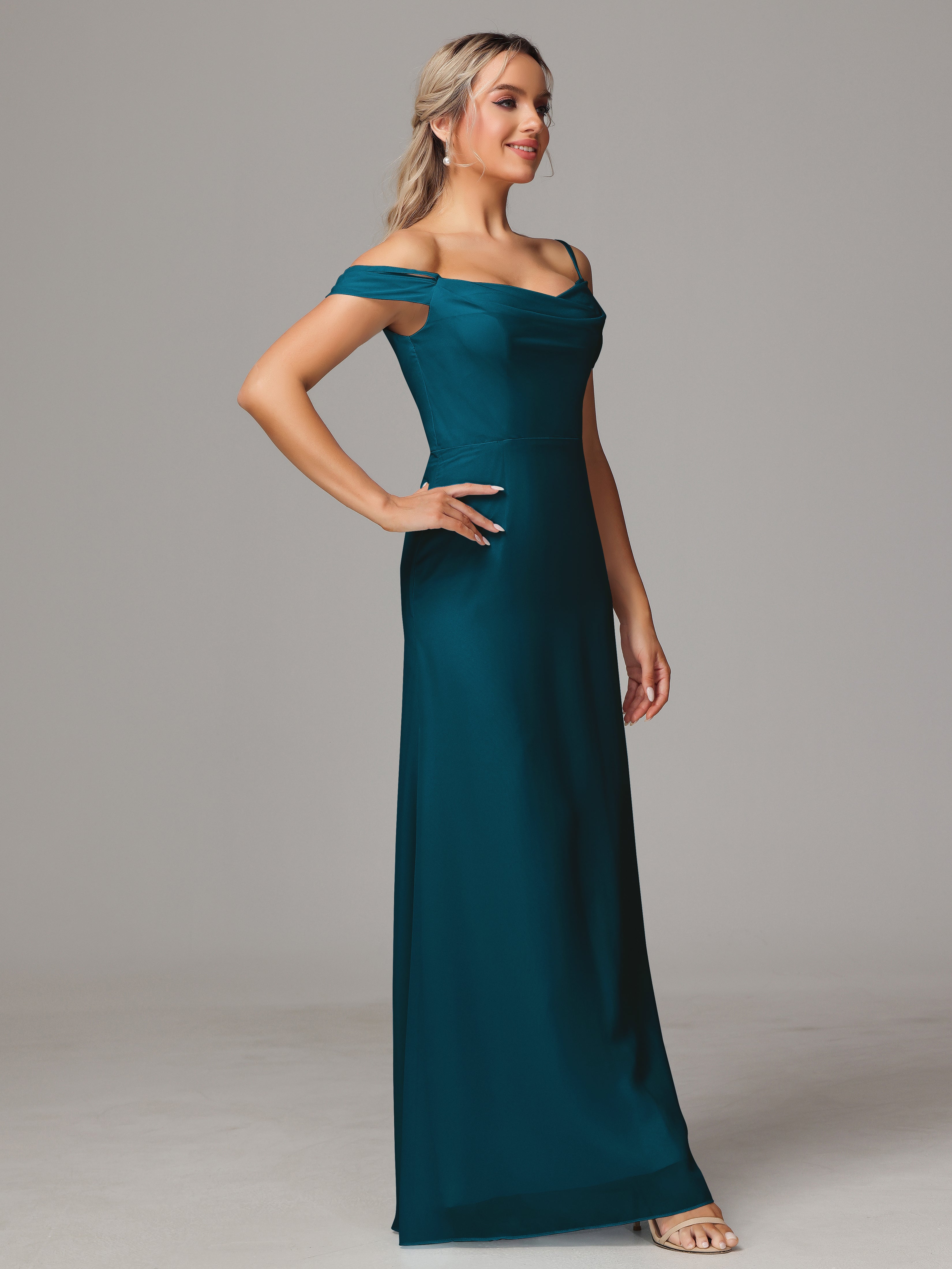 Spaghetti Straps Off The Shoulder Chiffon Wedding Guest Dress With Slit