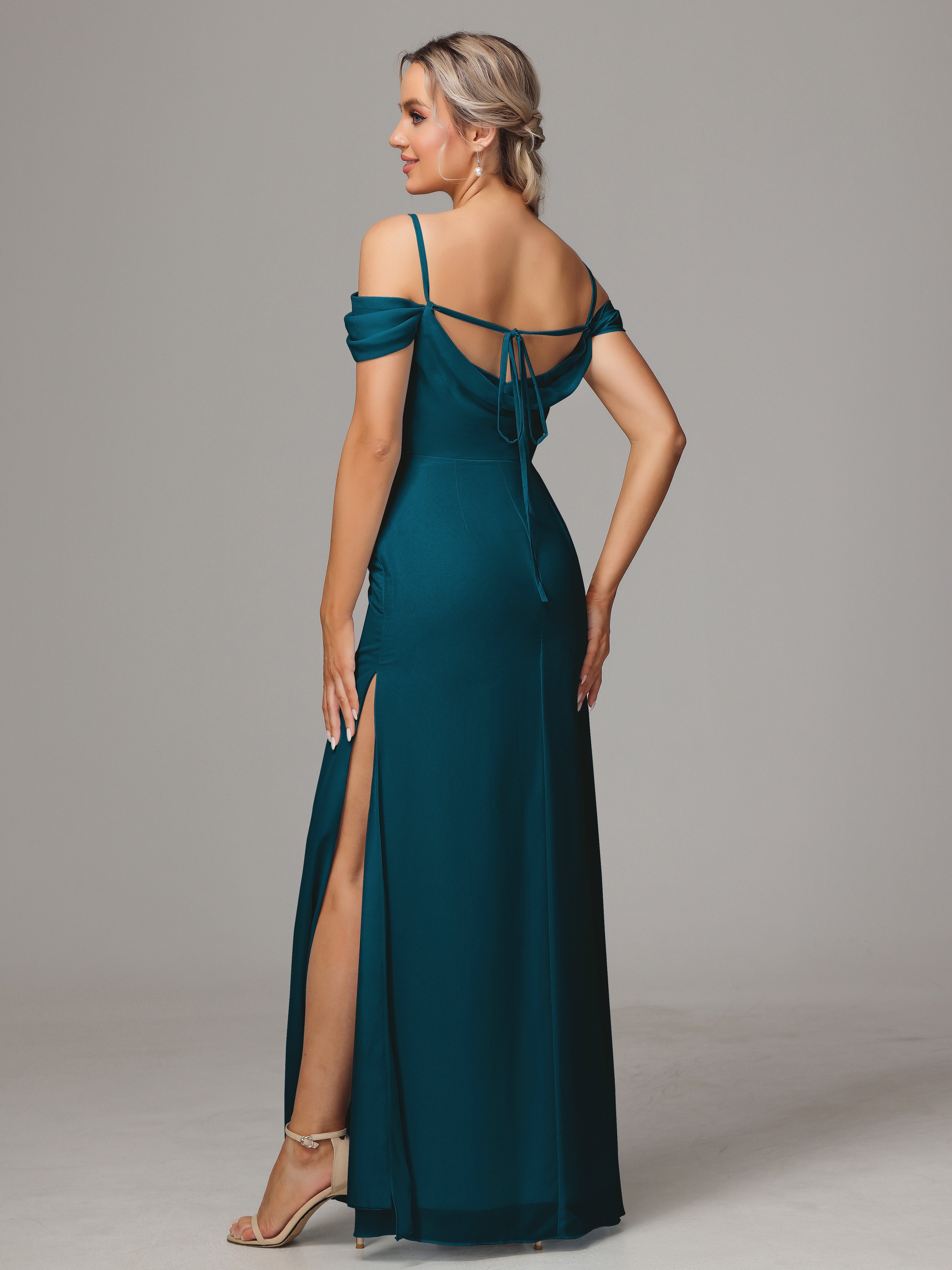 Spaghetti Straps Off The Shoulder Chiffon Wedding Guest Dress With Slit