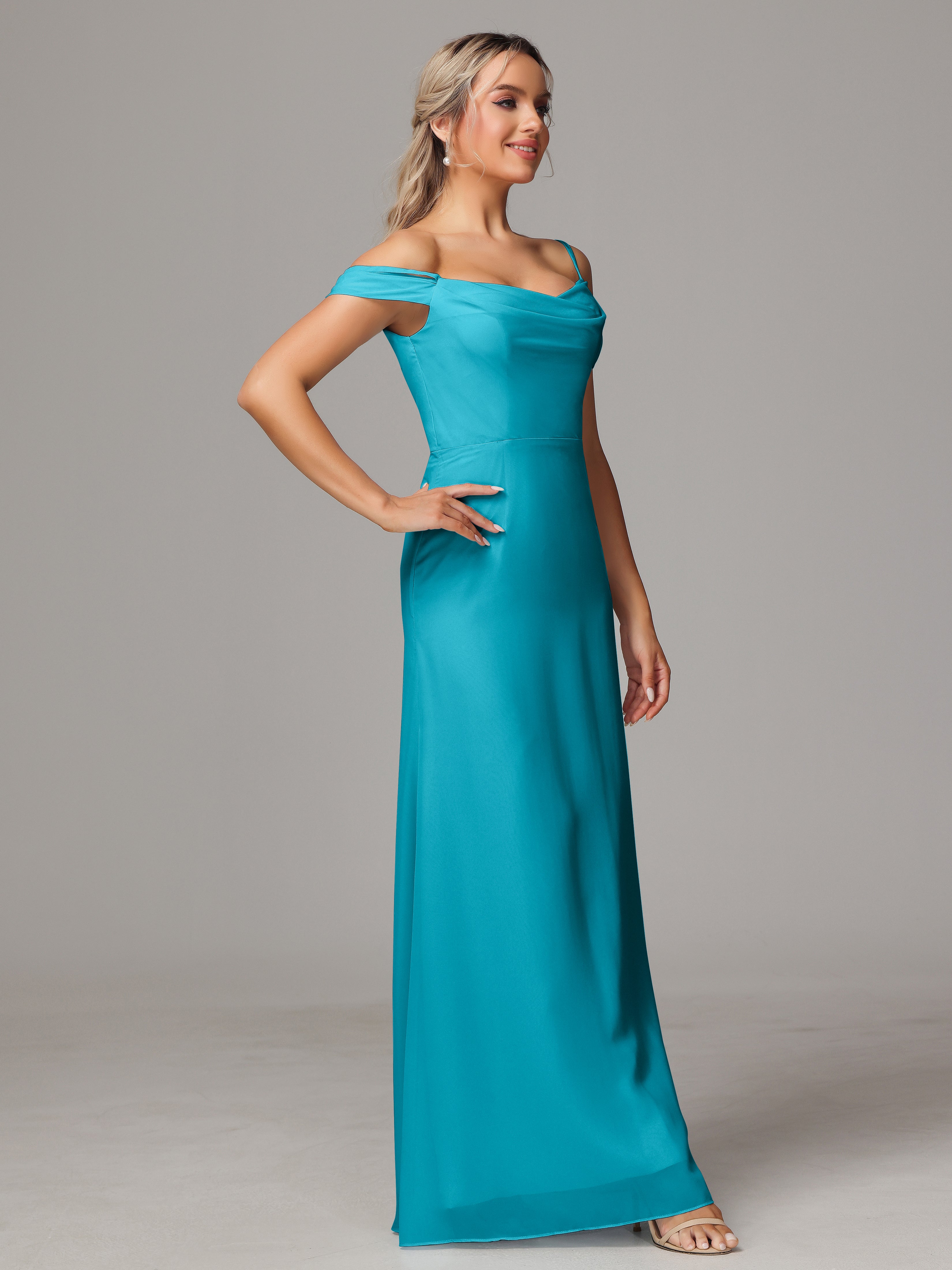 Spaghetti Straps Off The Shoulder Chiffon Wedding Guest Dress With Slit