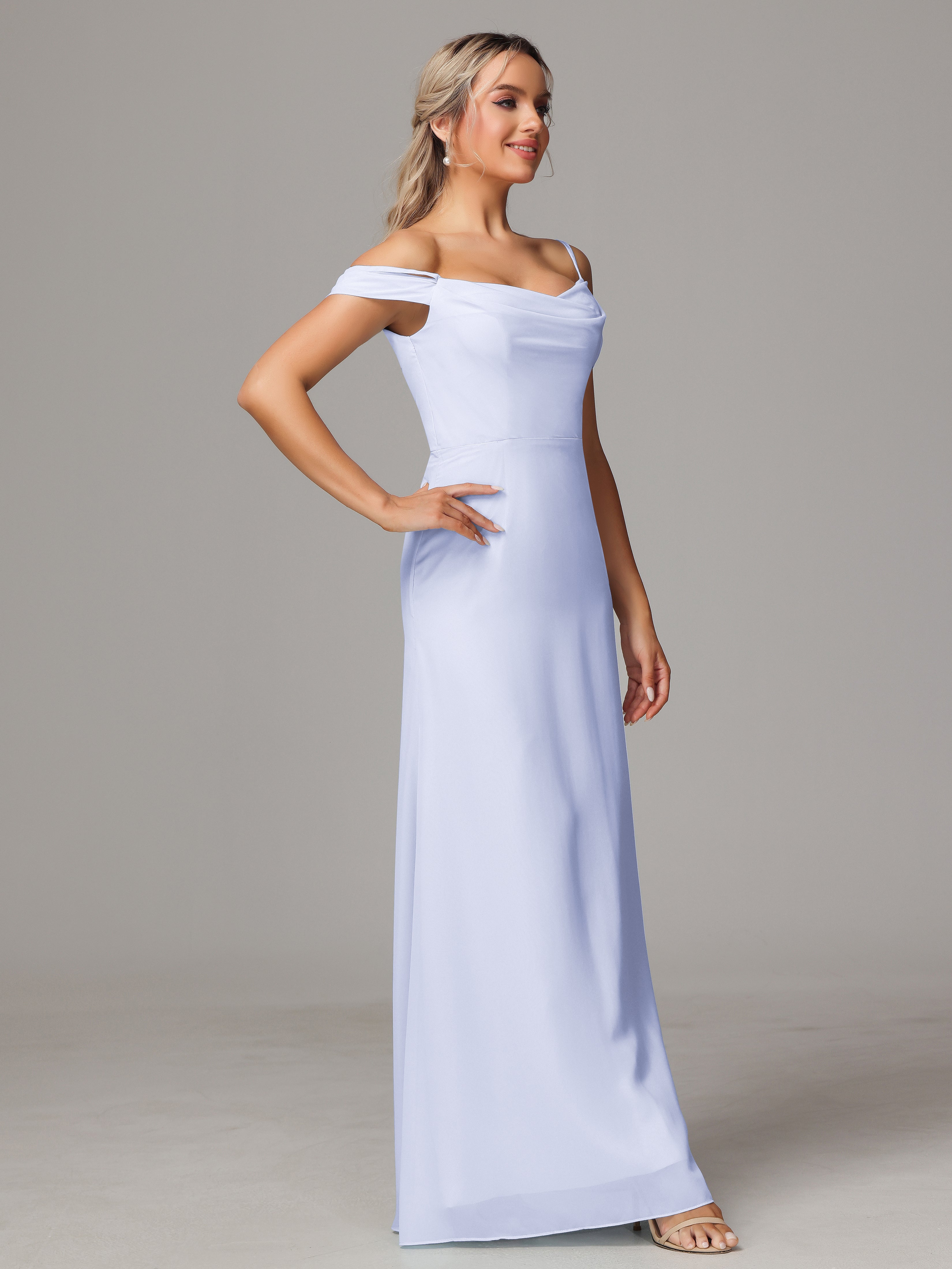 Spaghetti Straps Off The Shoulder Chiffon Wedding Guest Dress With Slit