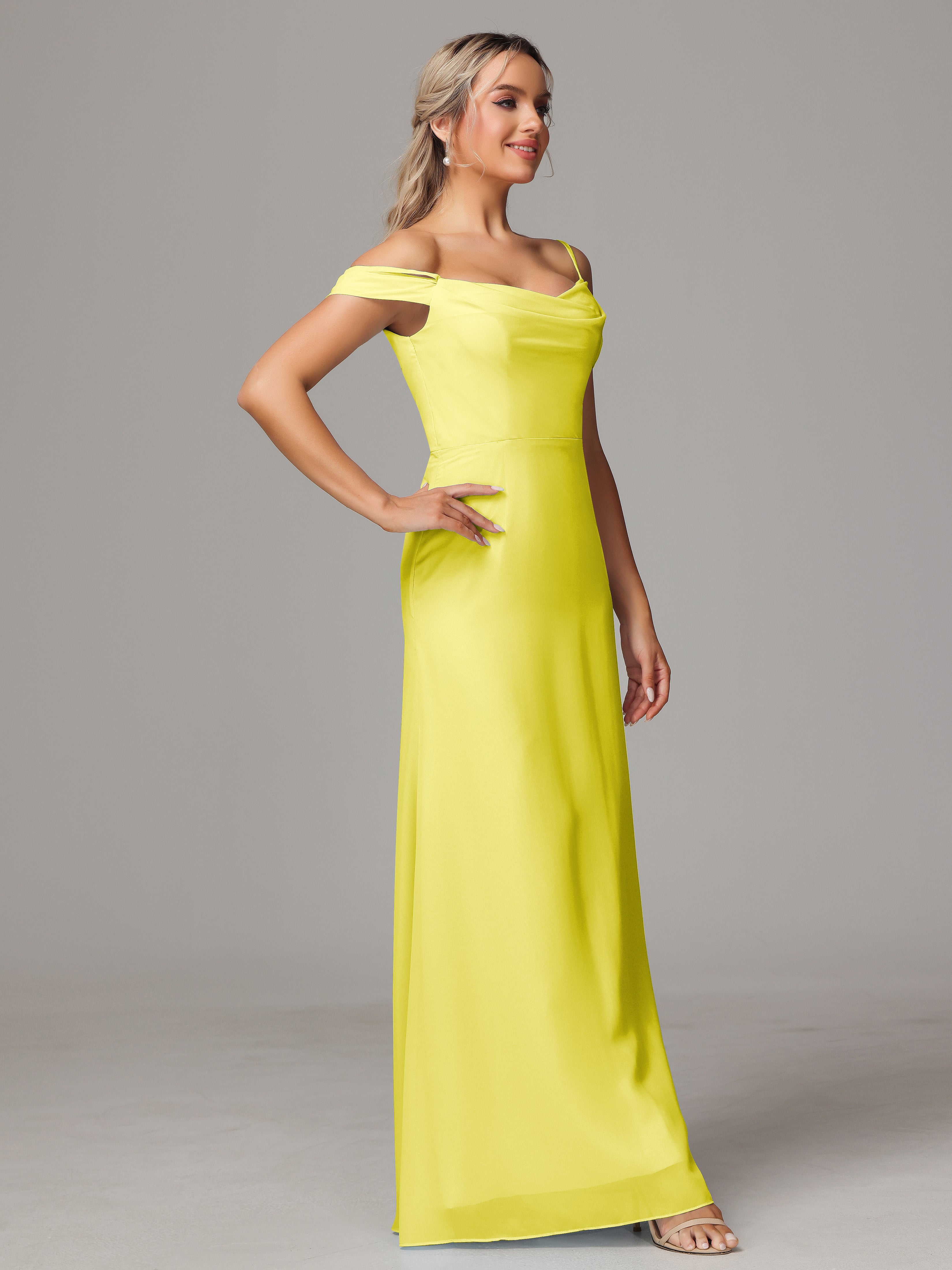 Spaghetti Straps Off The Shoulder Chiffon Wedding Guest Dress With Slit