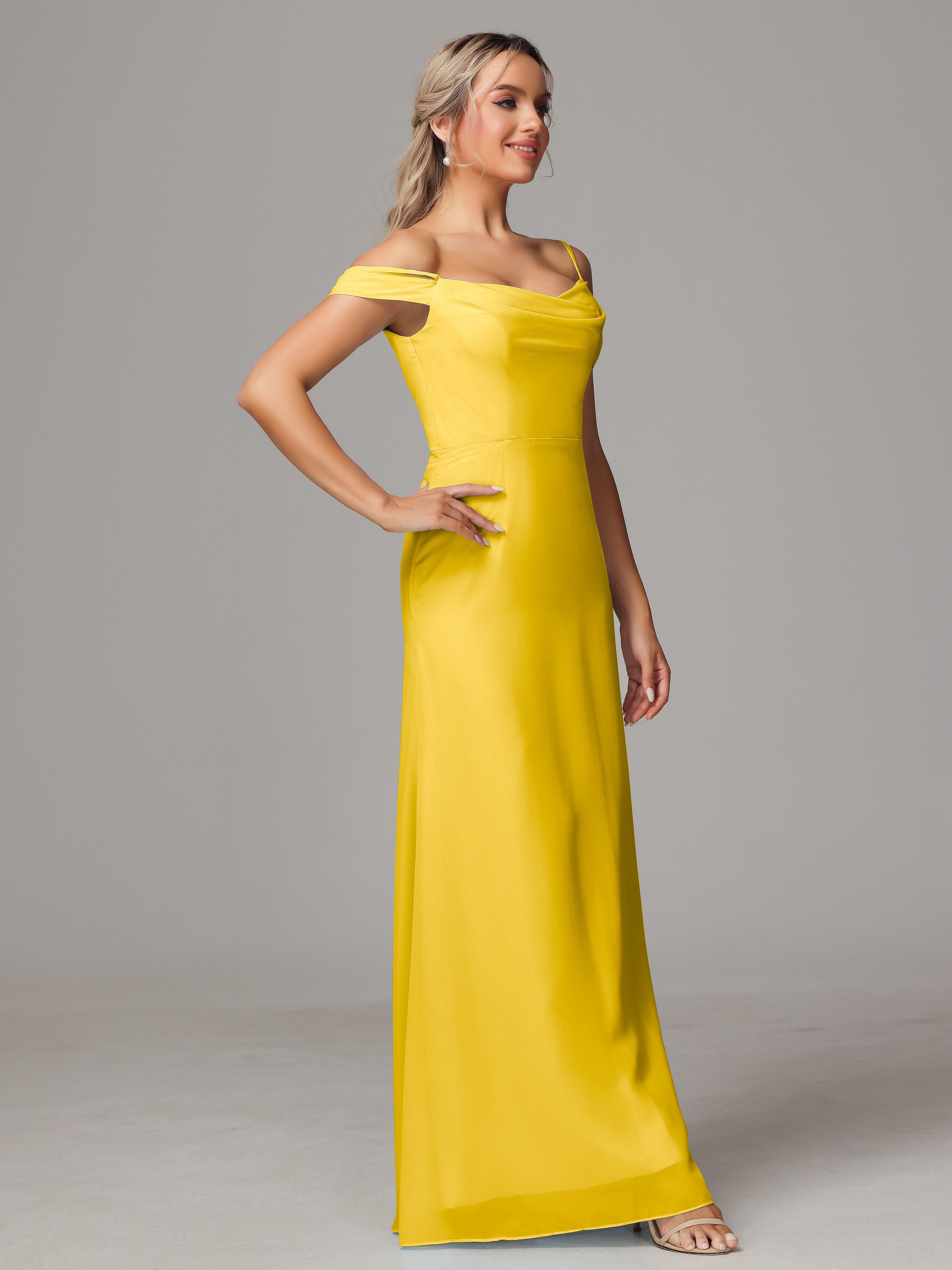 Spaghetti Straps Off The Shoulder Chiffon Wedding Guest Dress With Slit
