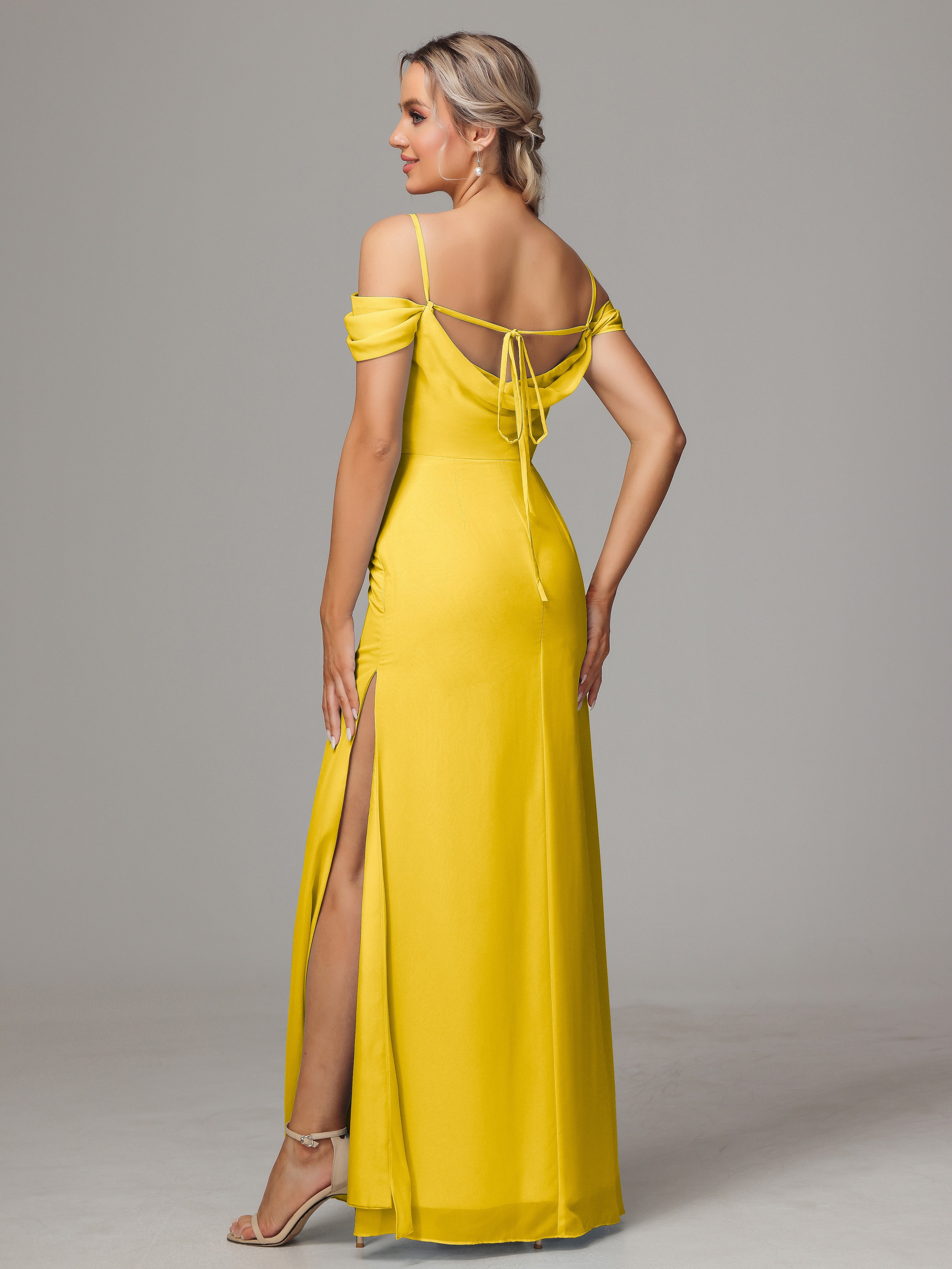 Spaghetti Straps Off The Shoulder Chiffon Wedding Guest Dress With Slit