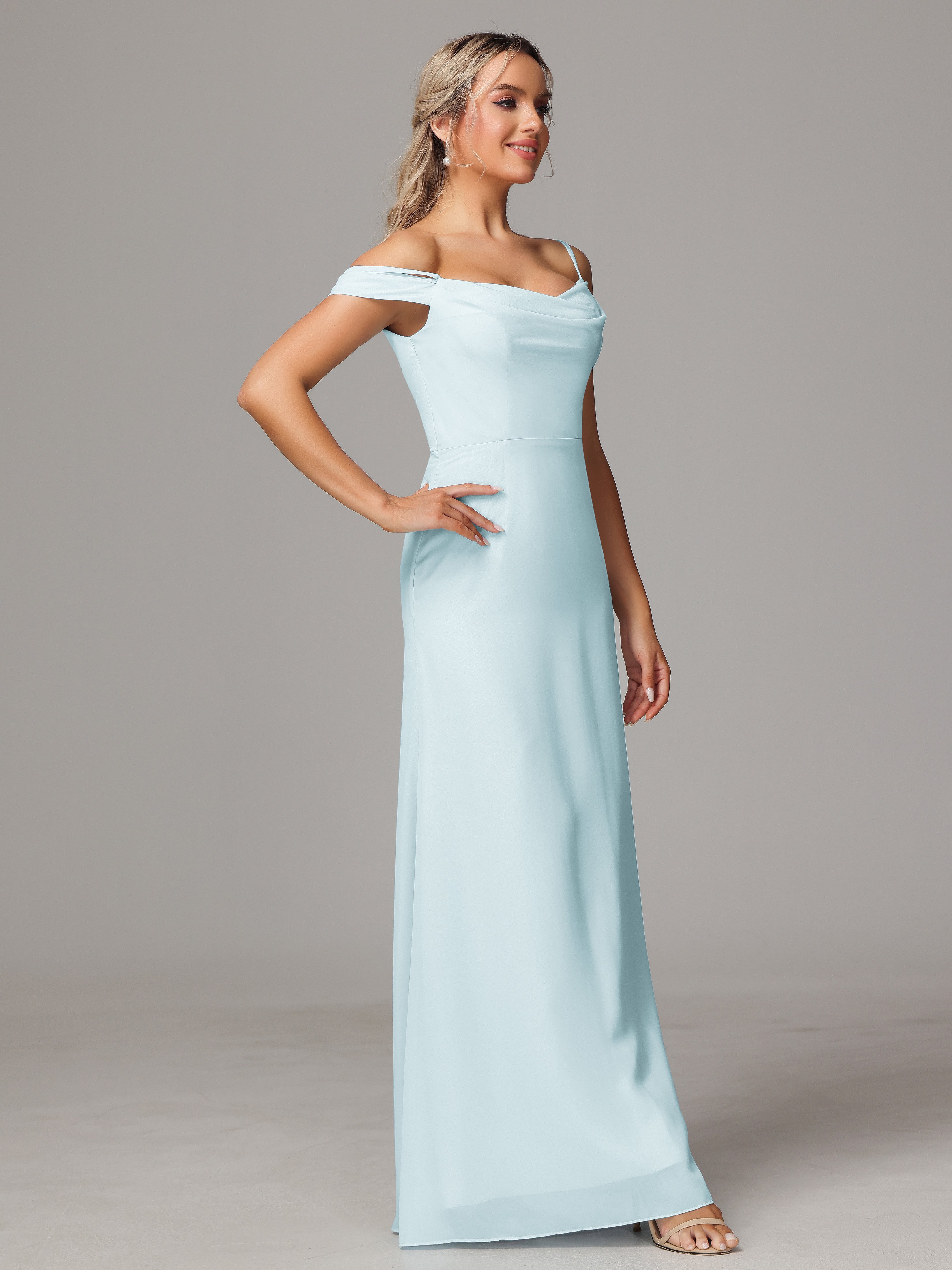 Spaghetti Straps Off The Shoulder Chiffon Wedding Guest Dress With Slit