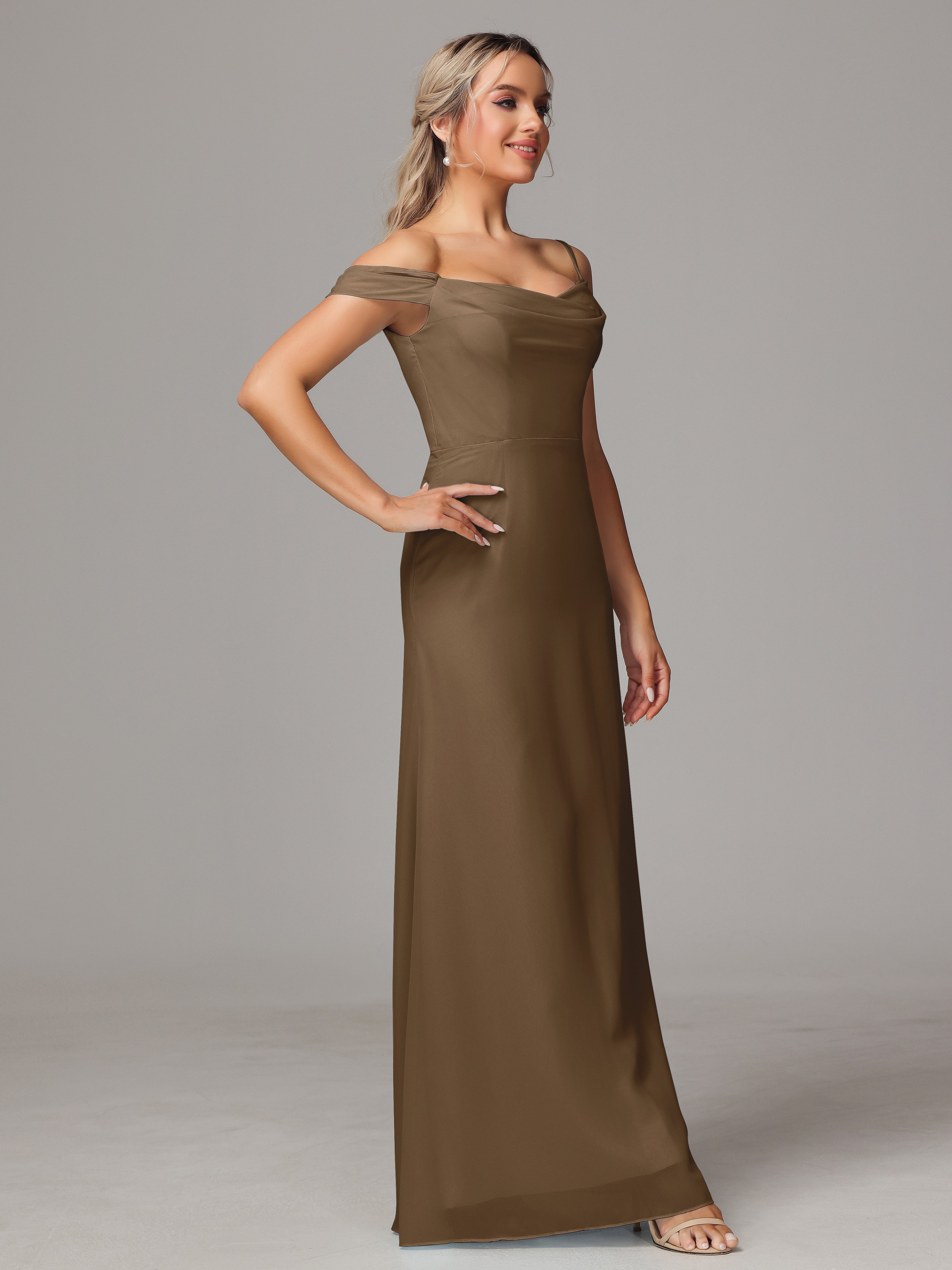 Spaghetti Straps Off The Shoulder Chiffon Wedding Guest Dress With Slit