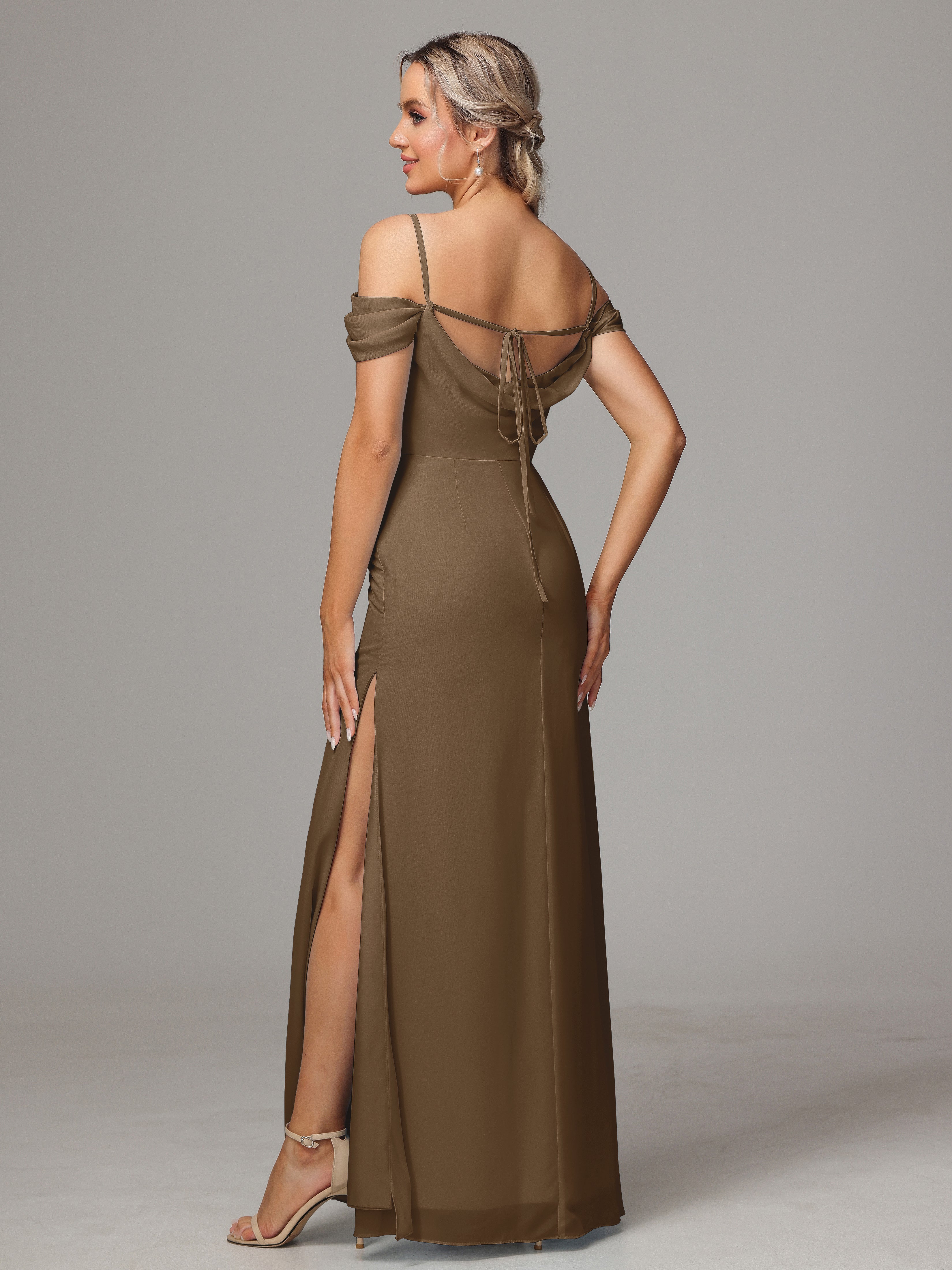 Spaghetti Straps Off The Shoulder Chiffon Wedding Guest Dress With Slit