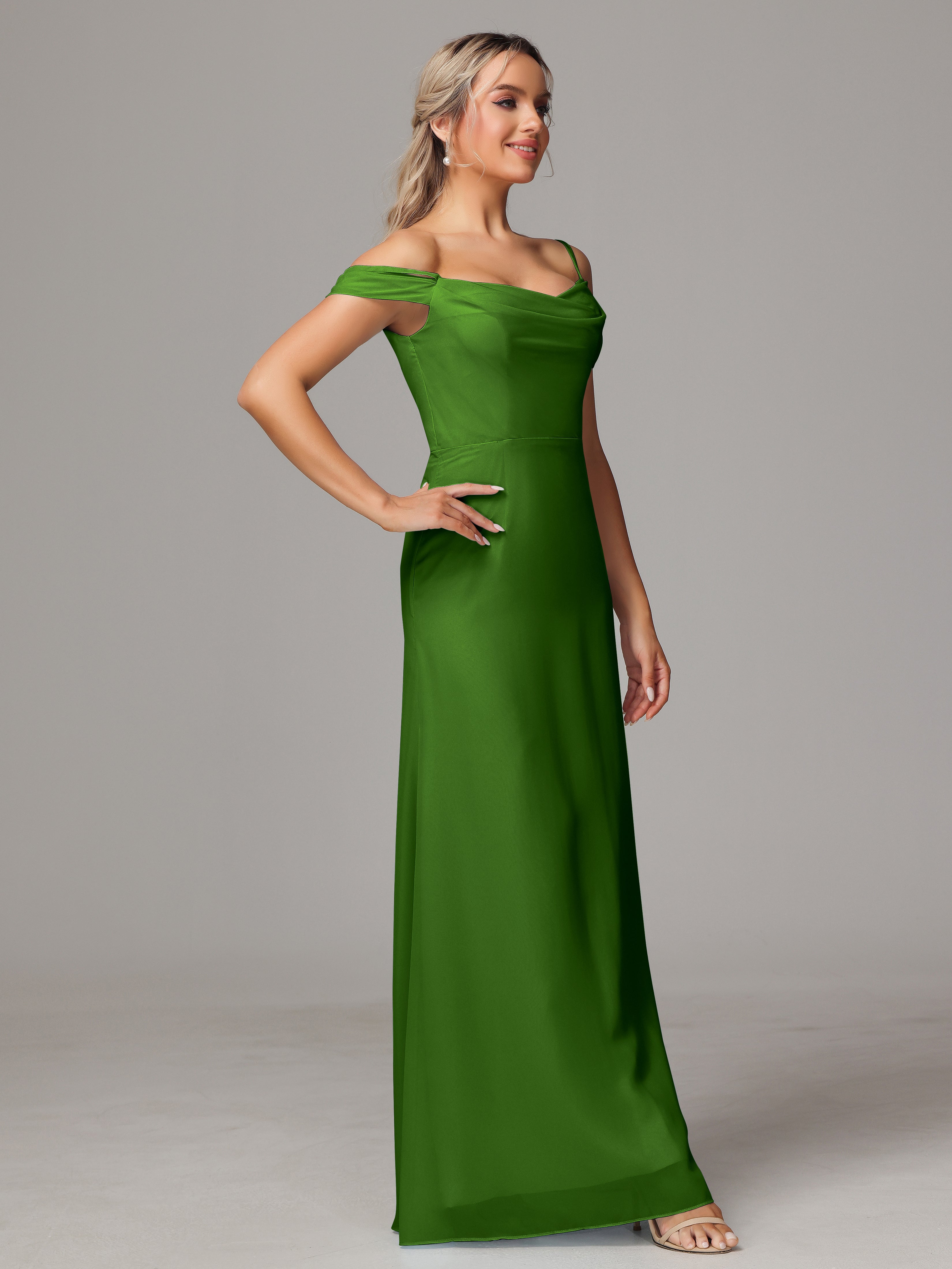 Spaghetti Straps Off The Shoulder Chiffon Wedding Guest Dress With Slit