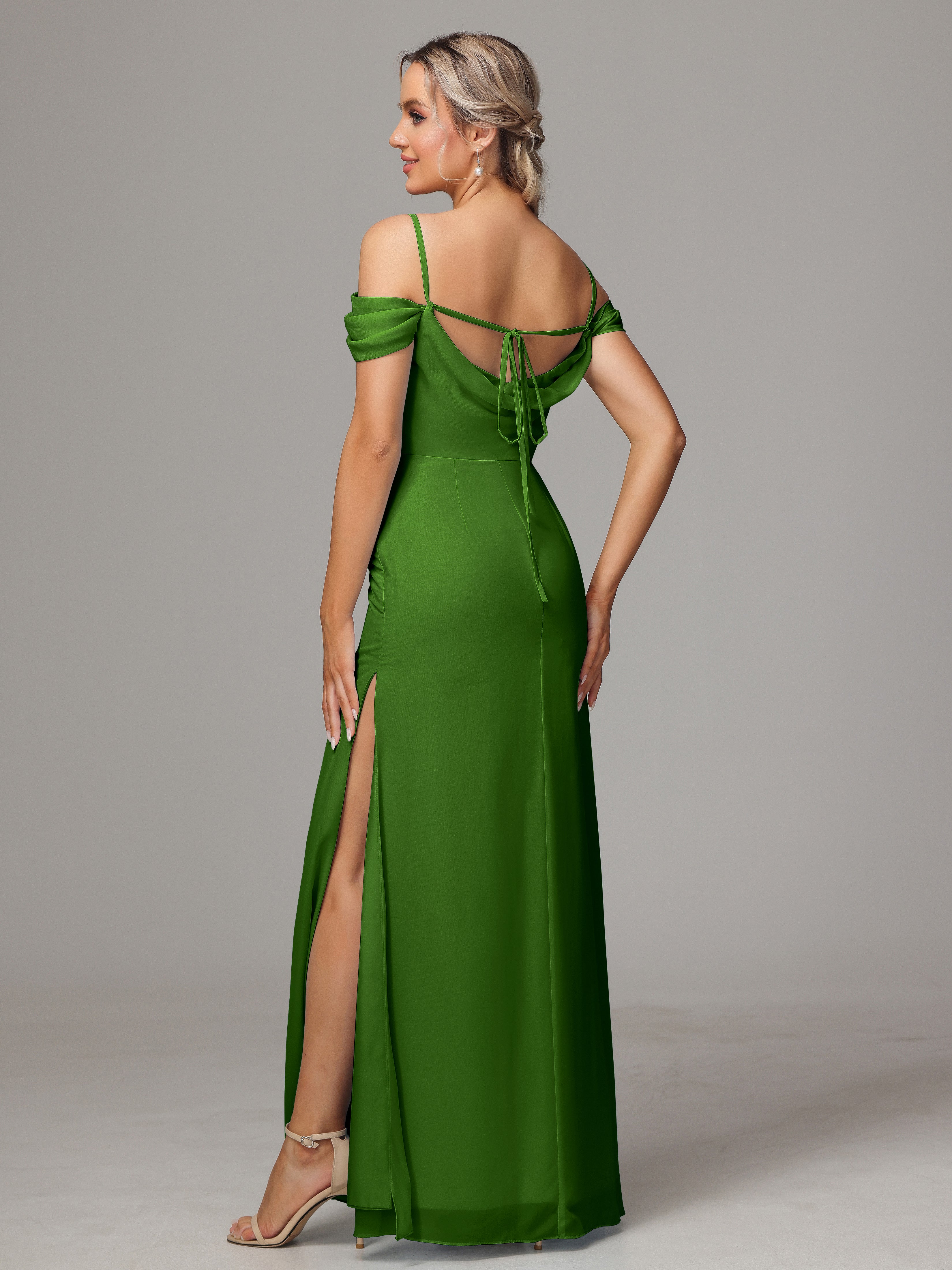 Spaghetti Straps Off The Shoulder Chiffon Wedding Guest Dress With Slit