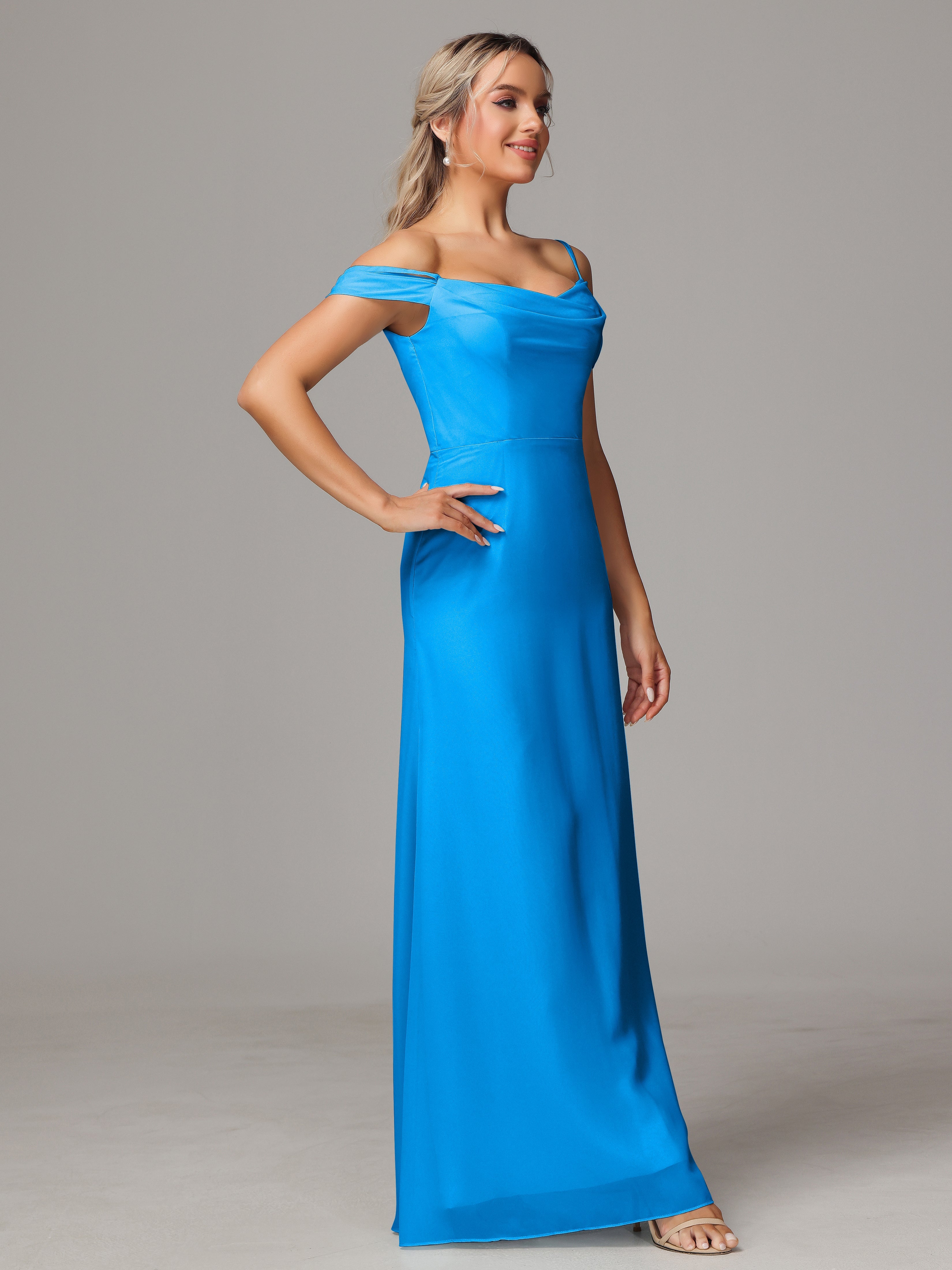 Spaghetti Straps Off The Shoulder Chiffon Wedding Guest Dress With Slit