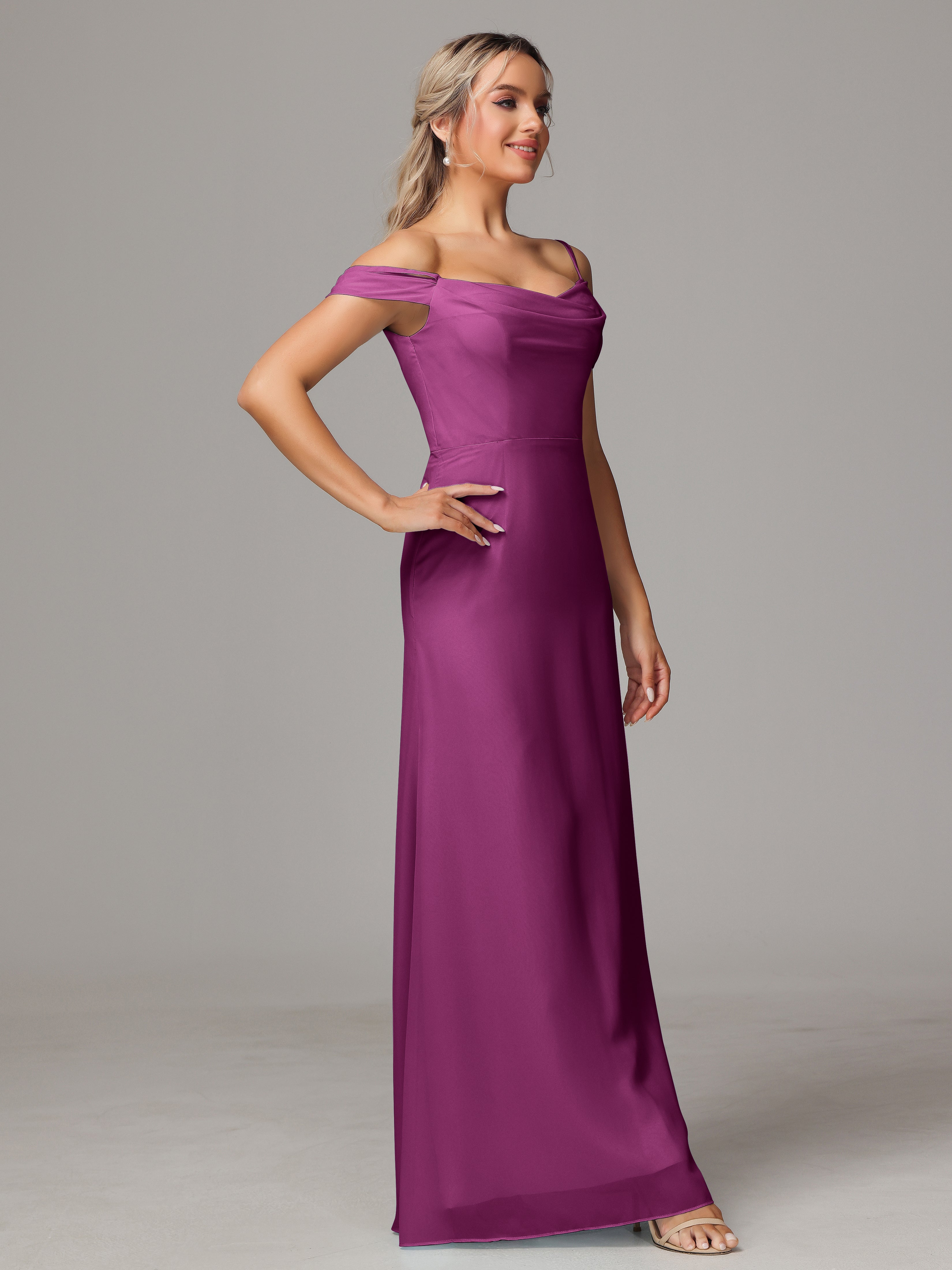 Spaghetti Straps Off The Shoulder Chiffon Wedding Guest Dress With Slit