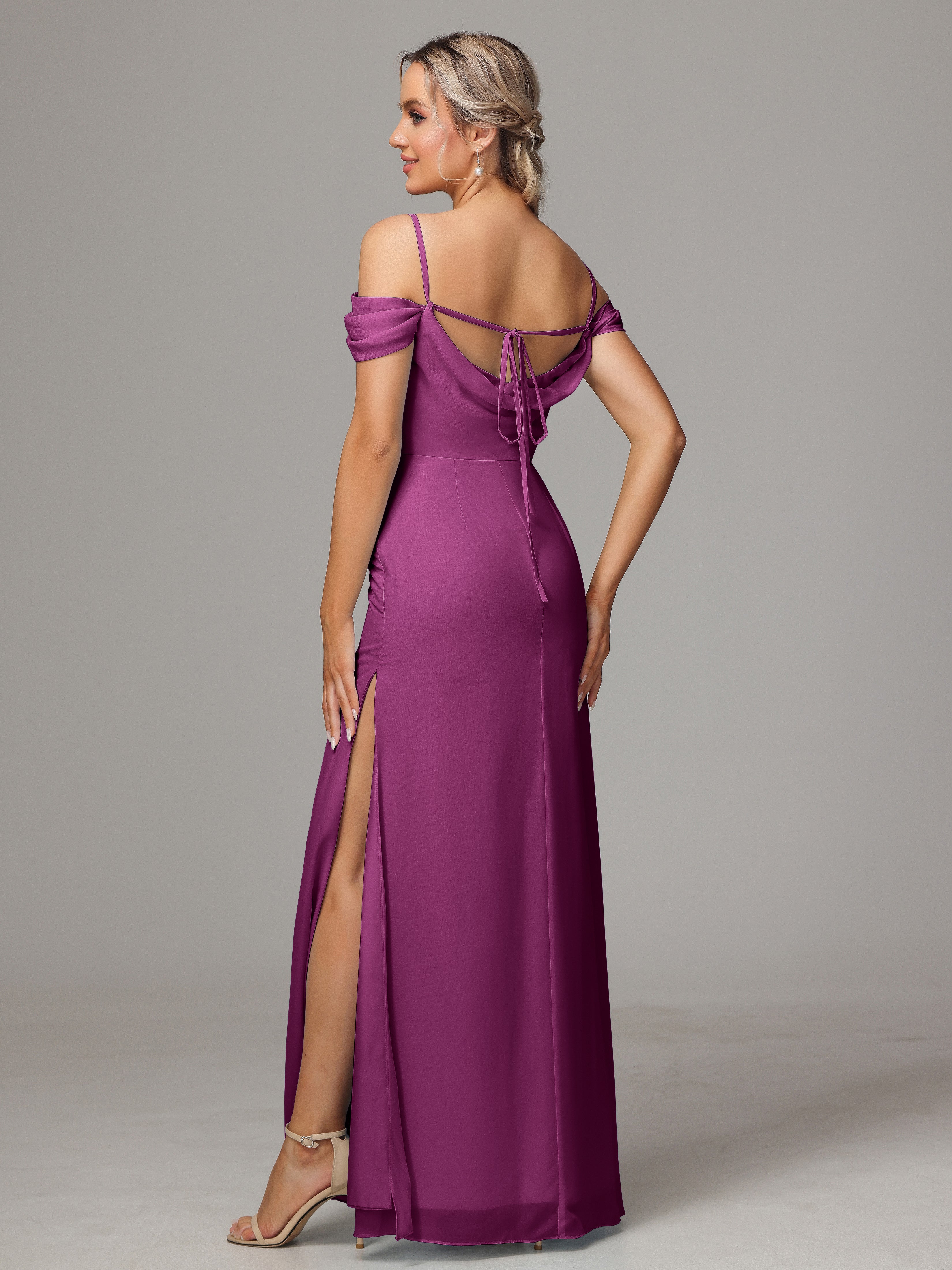 Spaghetti Straps Off The Shoulder Chiffon Wedding Guest Dress With Slit