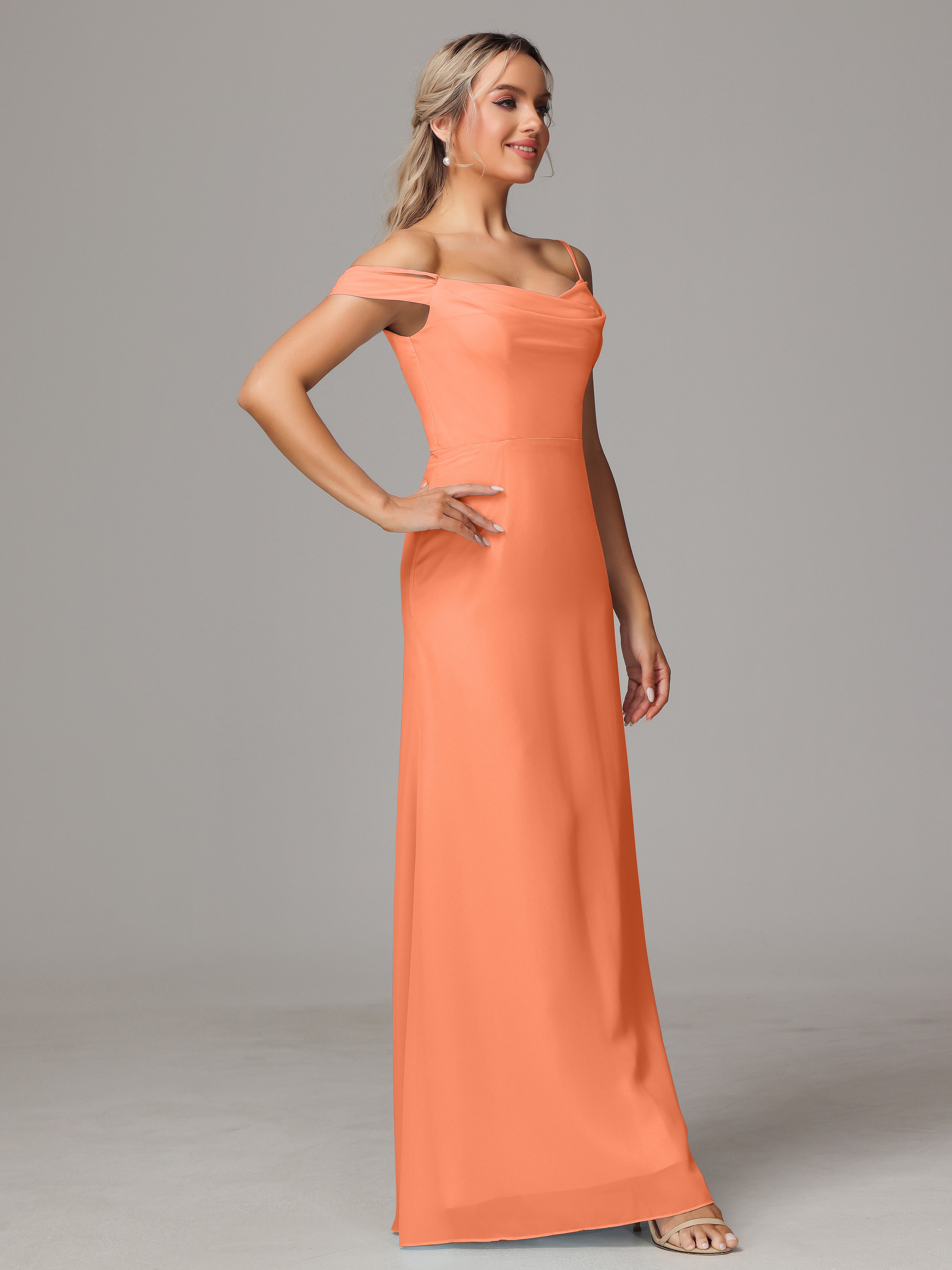 Spaghetti Straps Off The Shoulder Chiffon Wedding Guest Dress With Slit