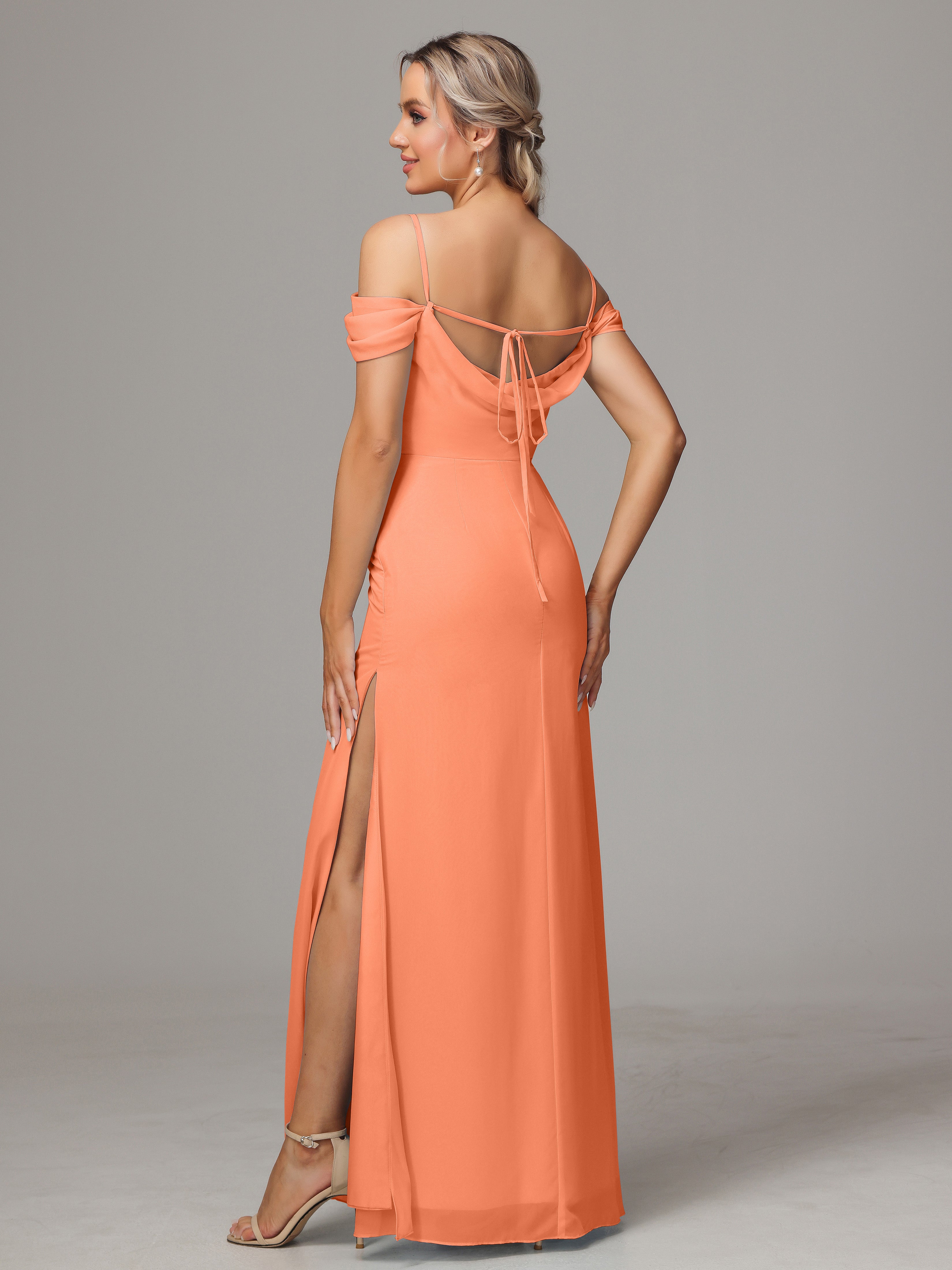 Spaghetti Straps Off The Shoulder Chiffon Wedding Guest Dress With Slit