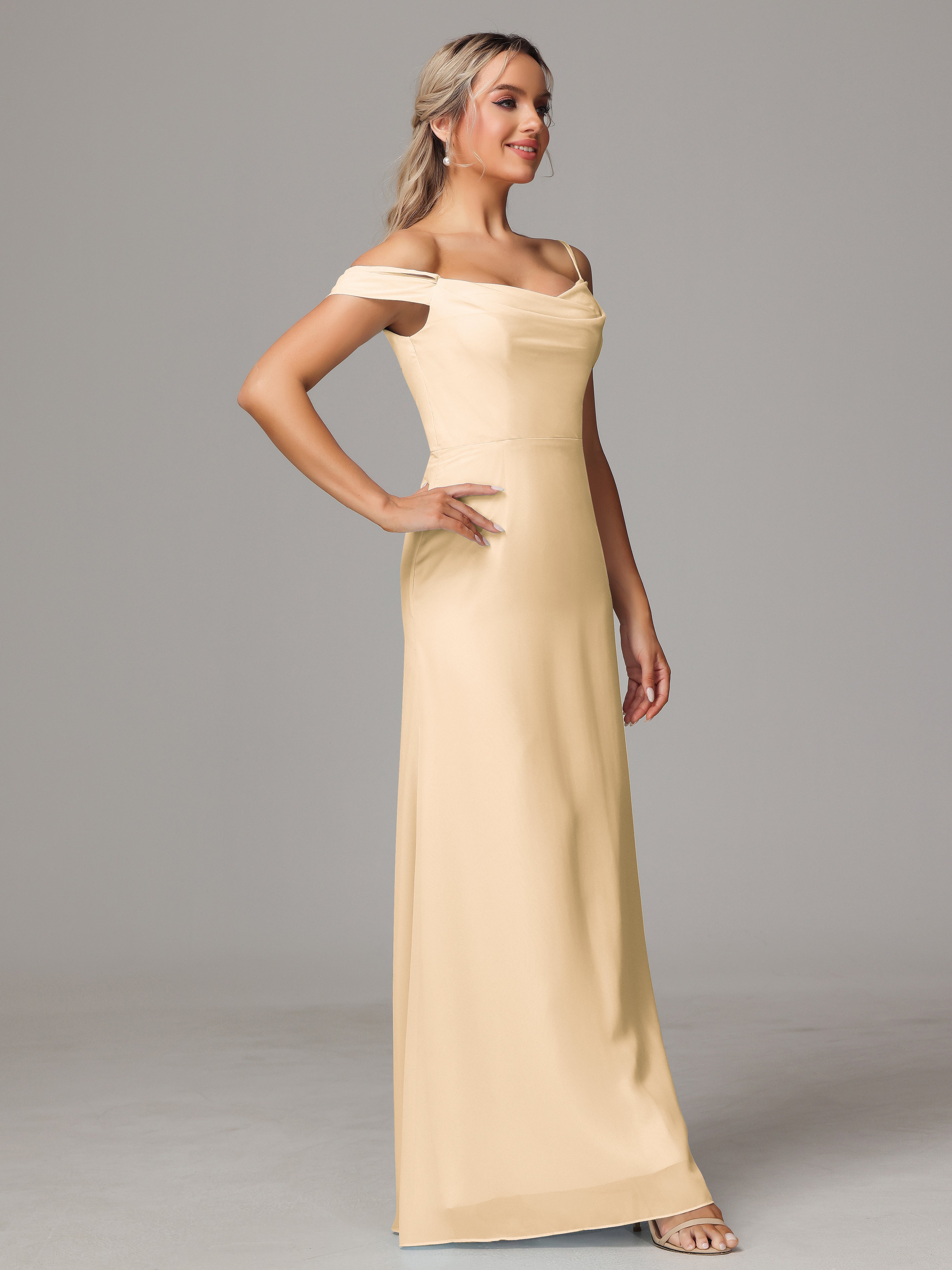 Spaghetti Straps Off The Shoulder Chiffon Wedding Guest Dress With Slit