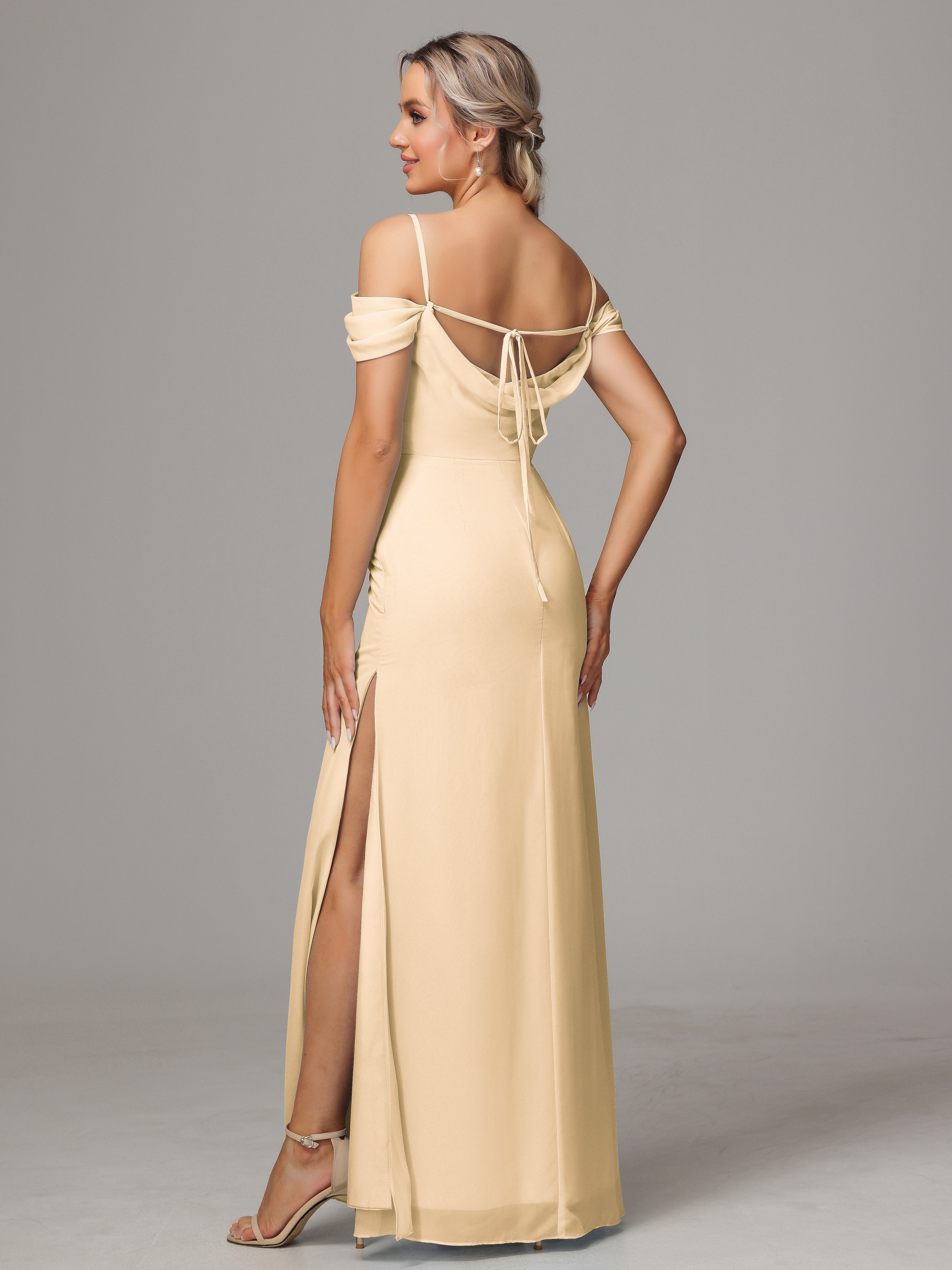 Spaghetti Straps Off The Shoulder Chiffon Wedding Guest Dress With Slit