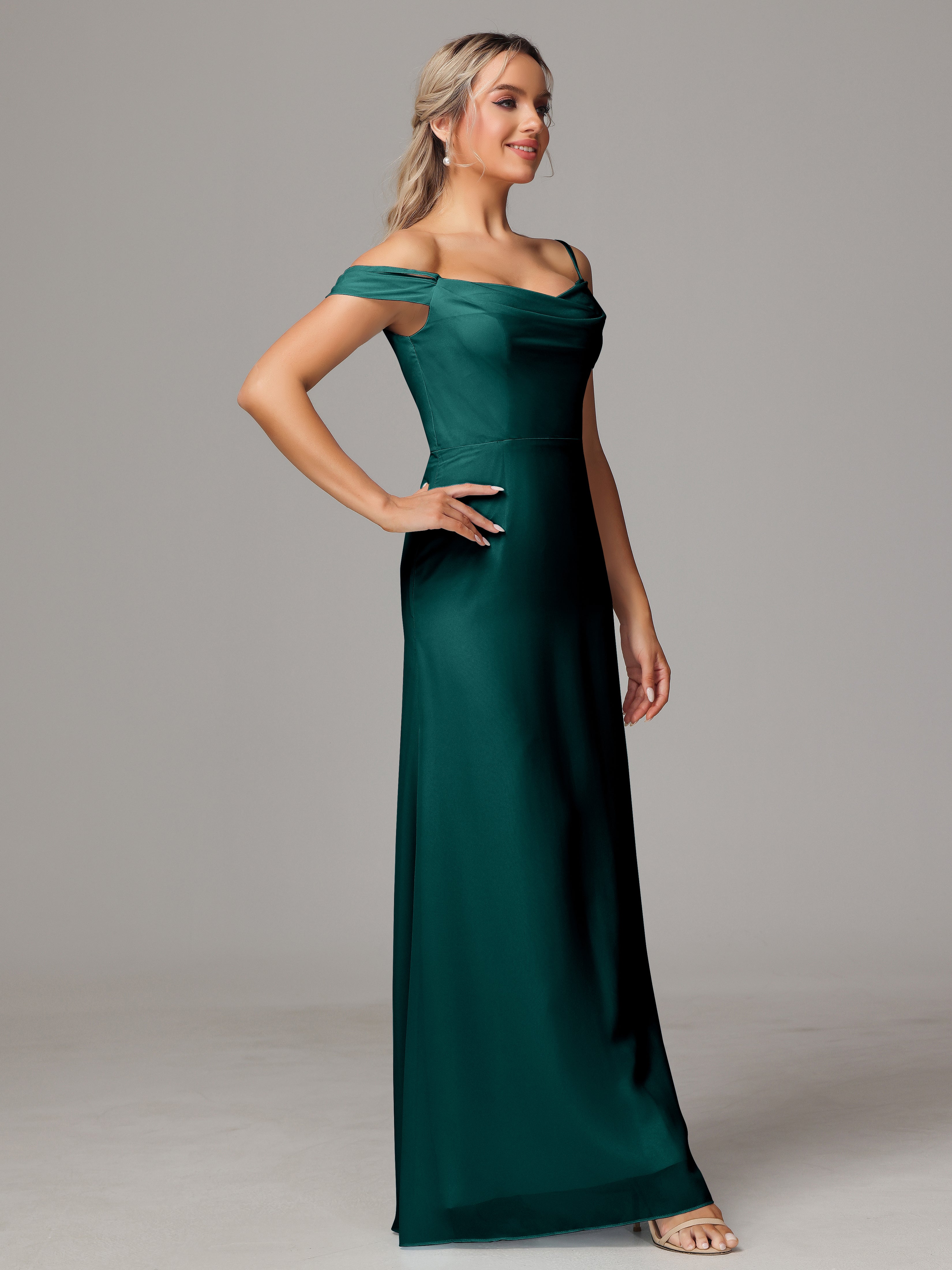 Spaghetti Straps Off The Shoulder Chiffon Wedding Guest Dress With Slit
