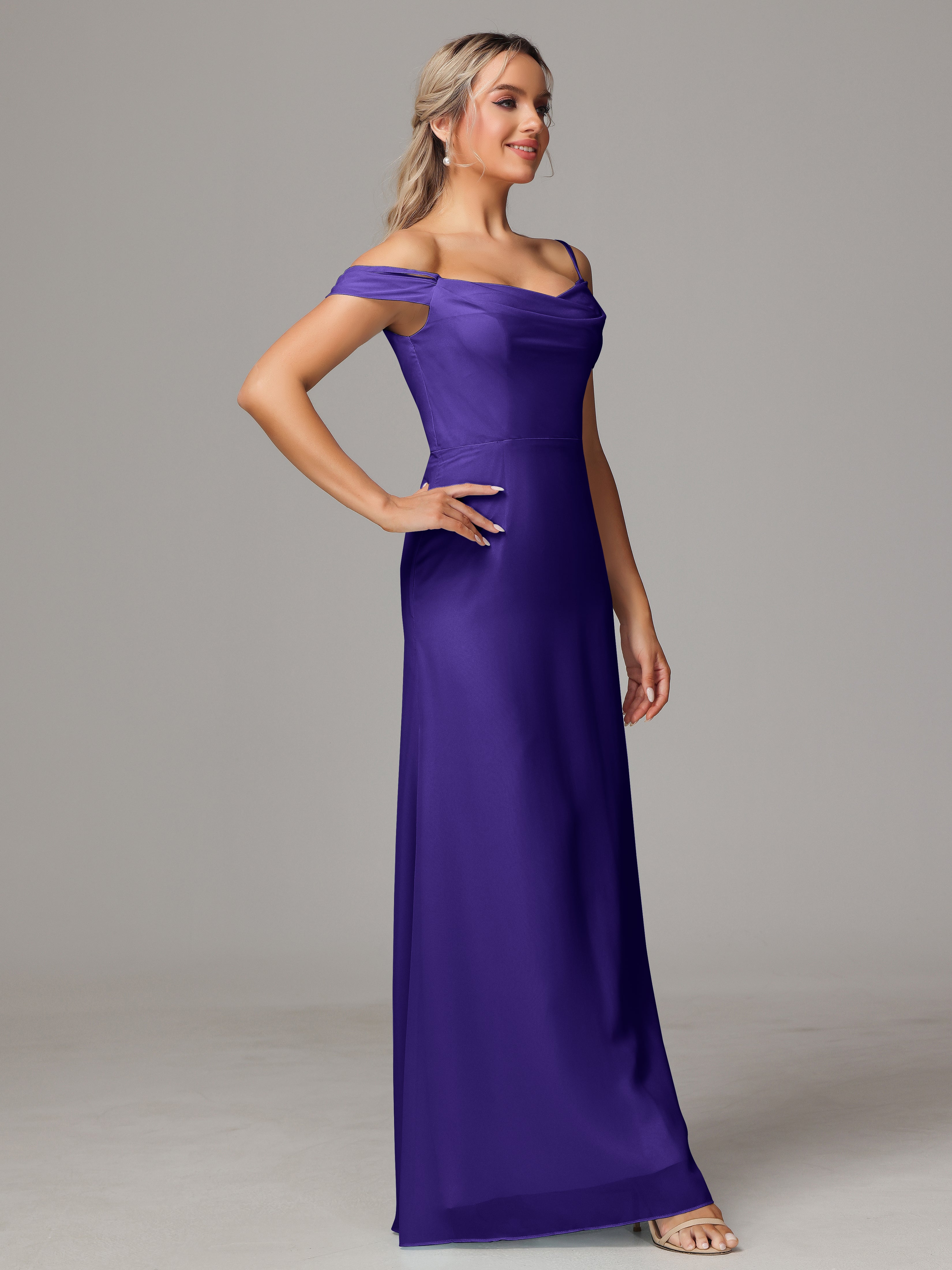 Spaghetti Straps Off The Shoulder Chiffon Wedding Guest Dress With Slit