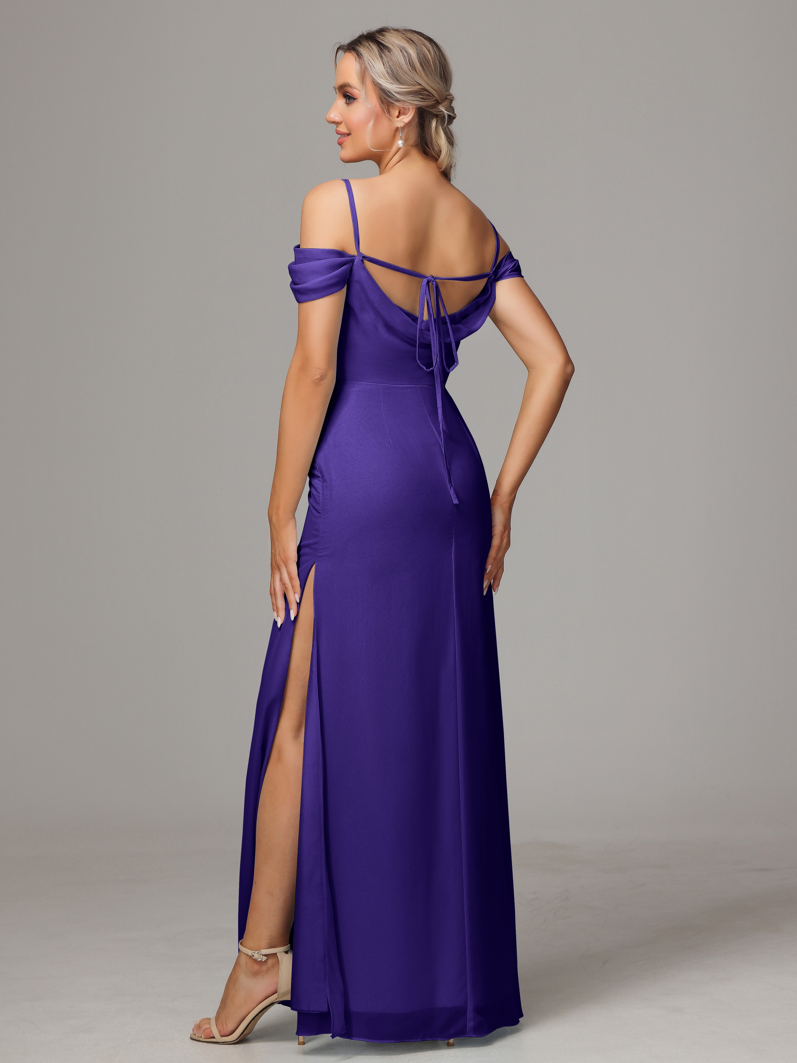 Spaghetti Straps Off The Shoulder Chiffon Wedding Guest Dress With Slit