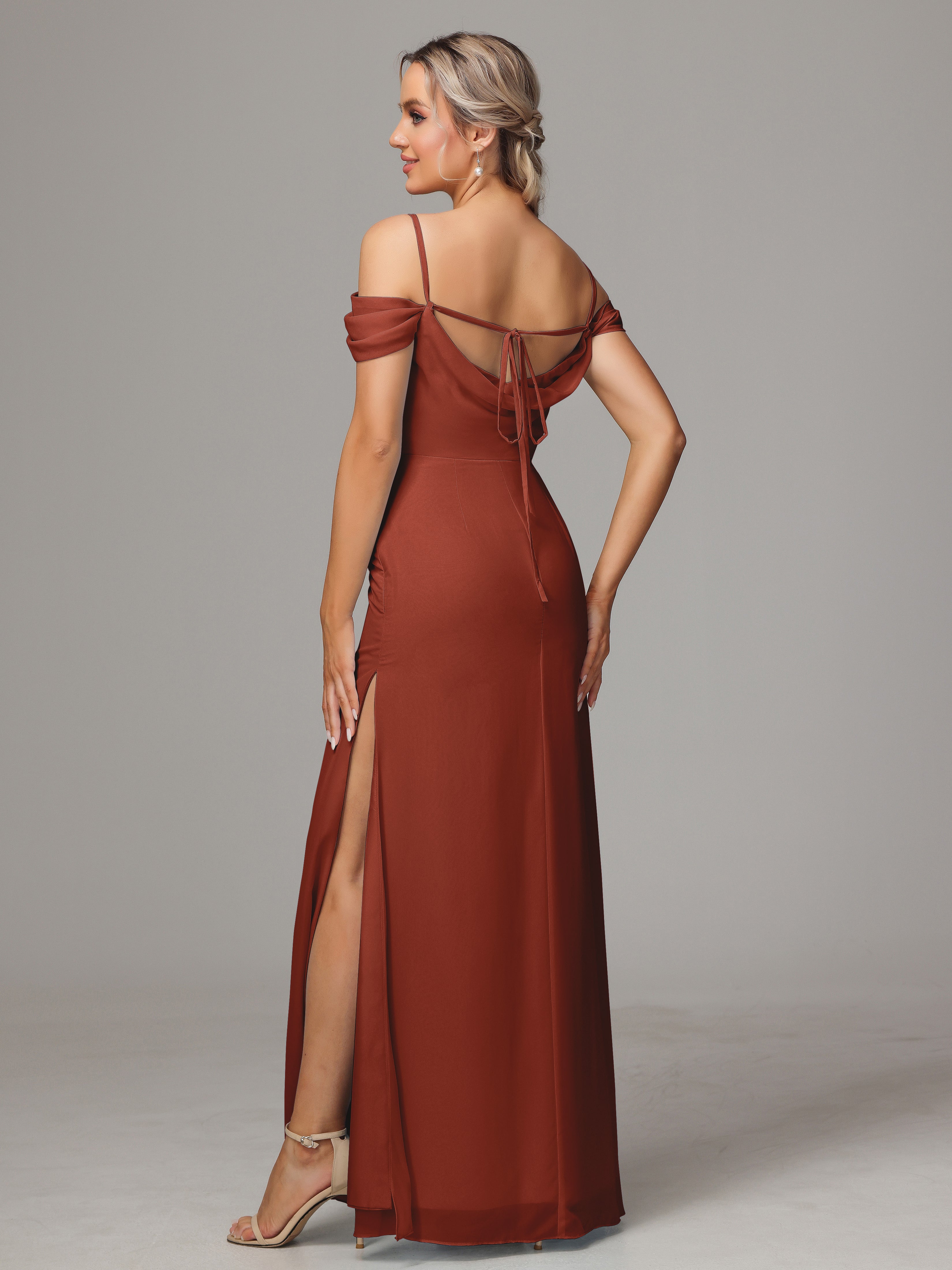 Spaghetti Straps Off The Shoulder Chiffon Wedding Guest Dress With Slit