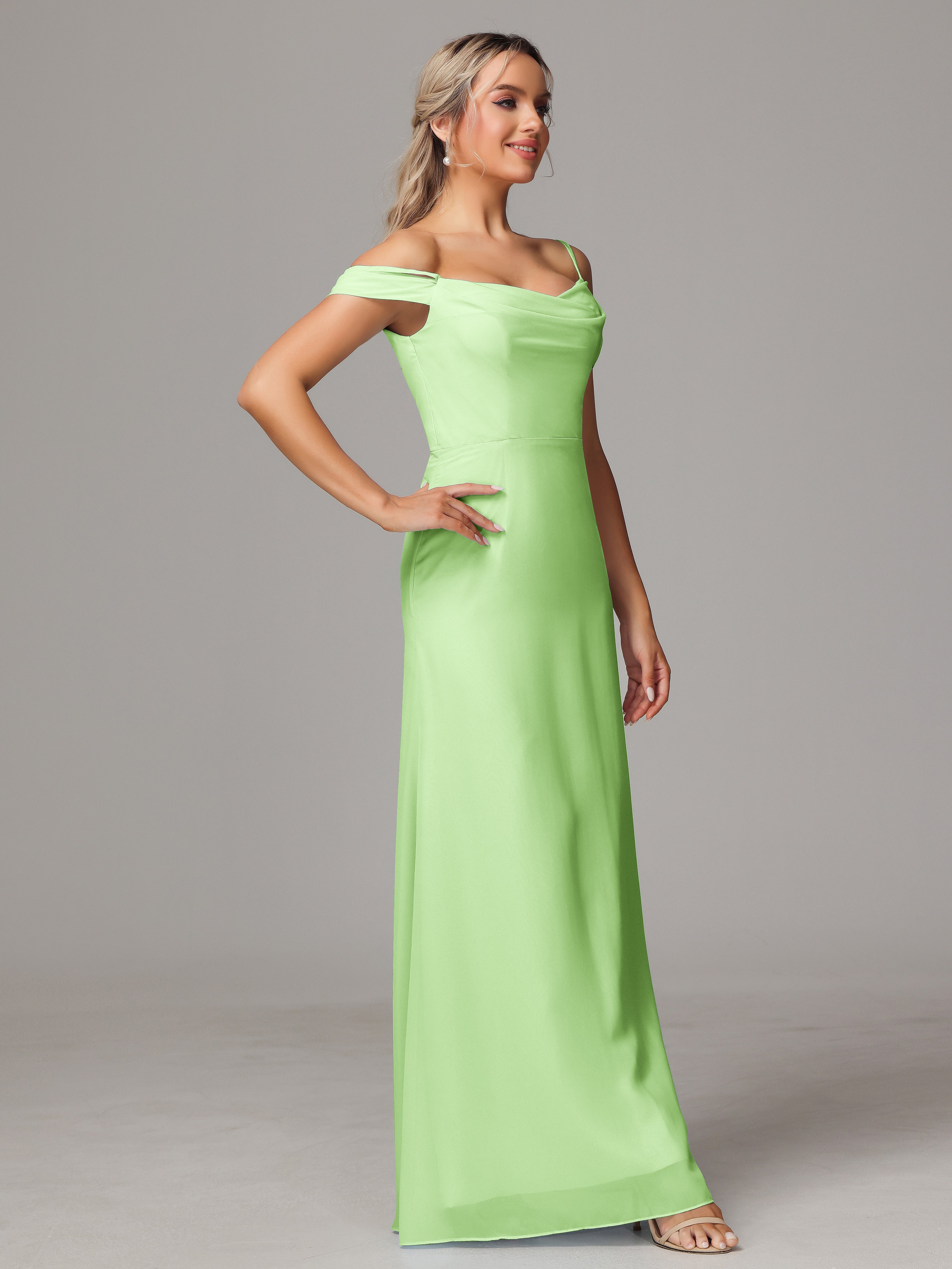 Spaghetti Straps Off The Shoulder Chiffon Wedding Guest Dress With Slit