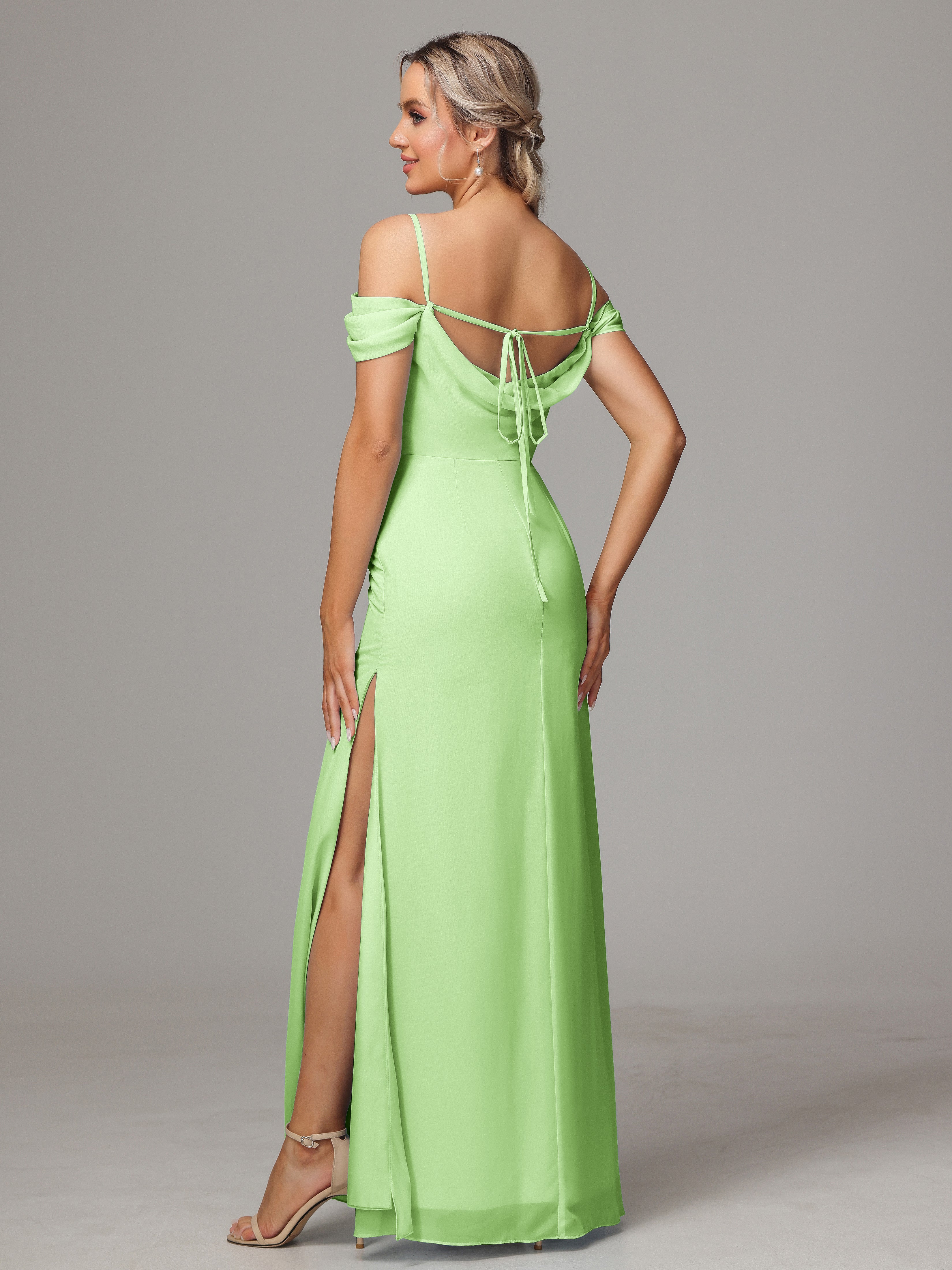 Spaghetti Straps Off The Shoulder Chiffon Wedding Guest Dress With Slit