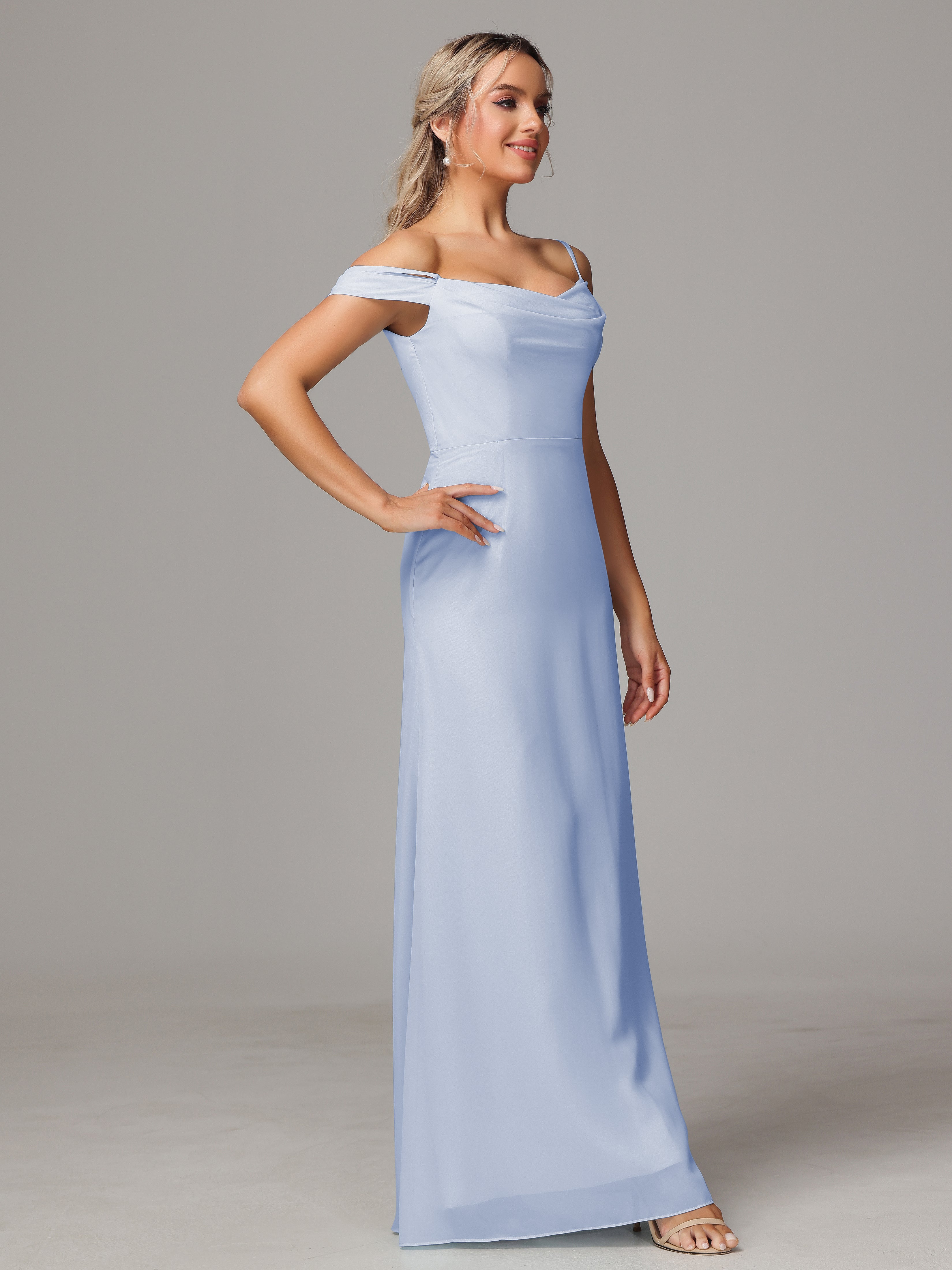 Spaghetti Straps Off The Shoulder Chiffon Wedding Guest Dress With Slit