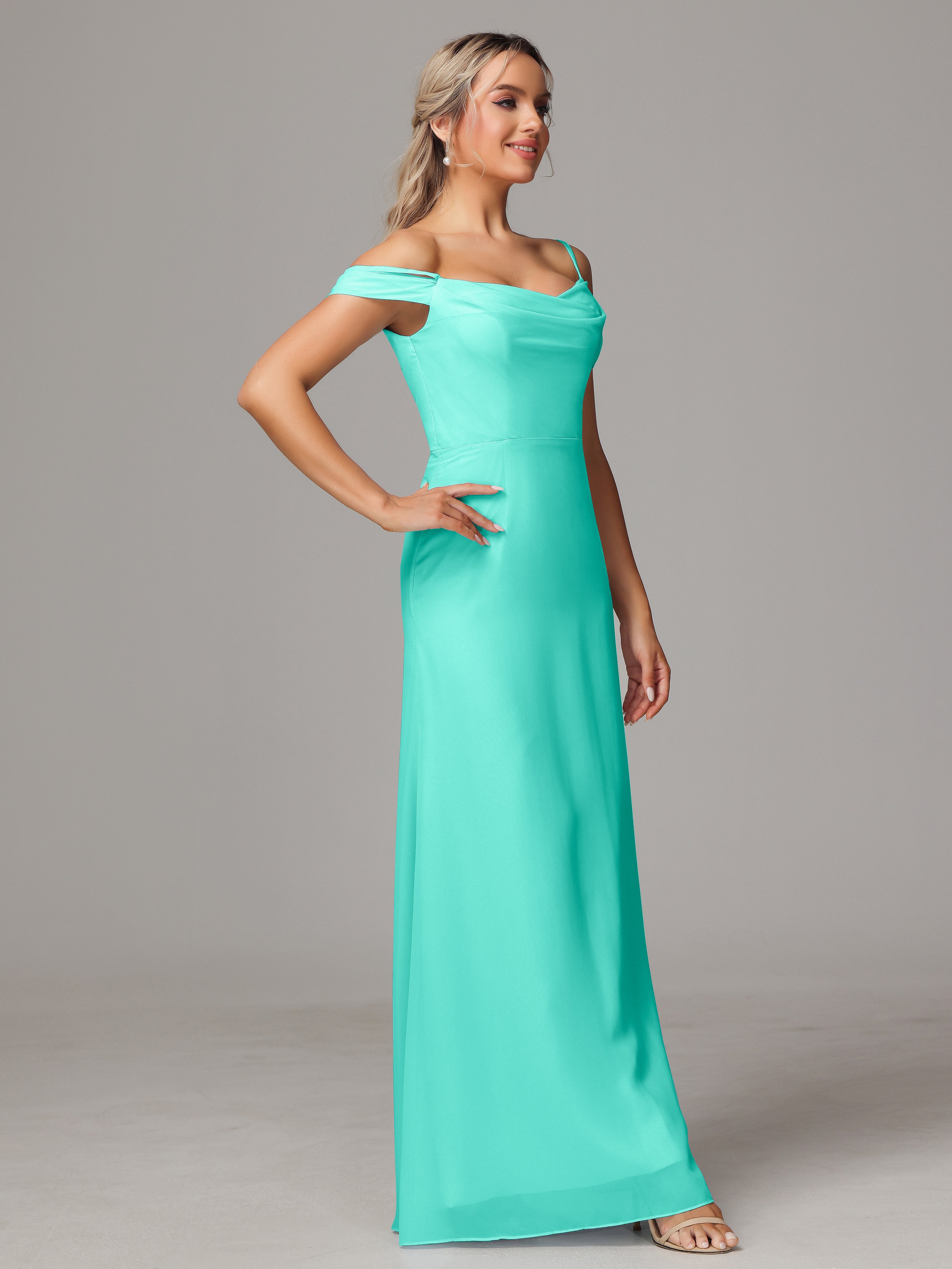 Spaghetti Straps Off The Shoulder Chiffon Wedding Guest Dress With Slit