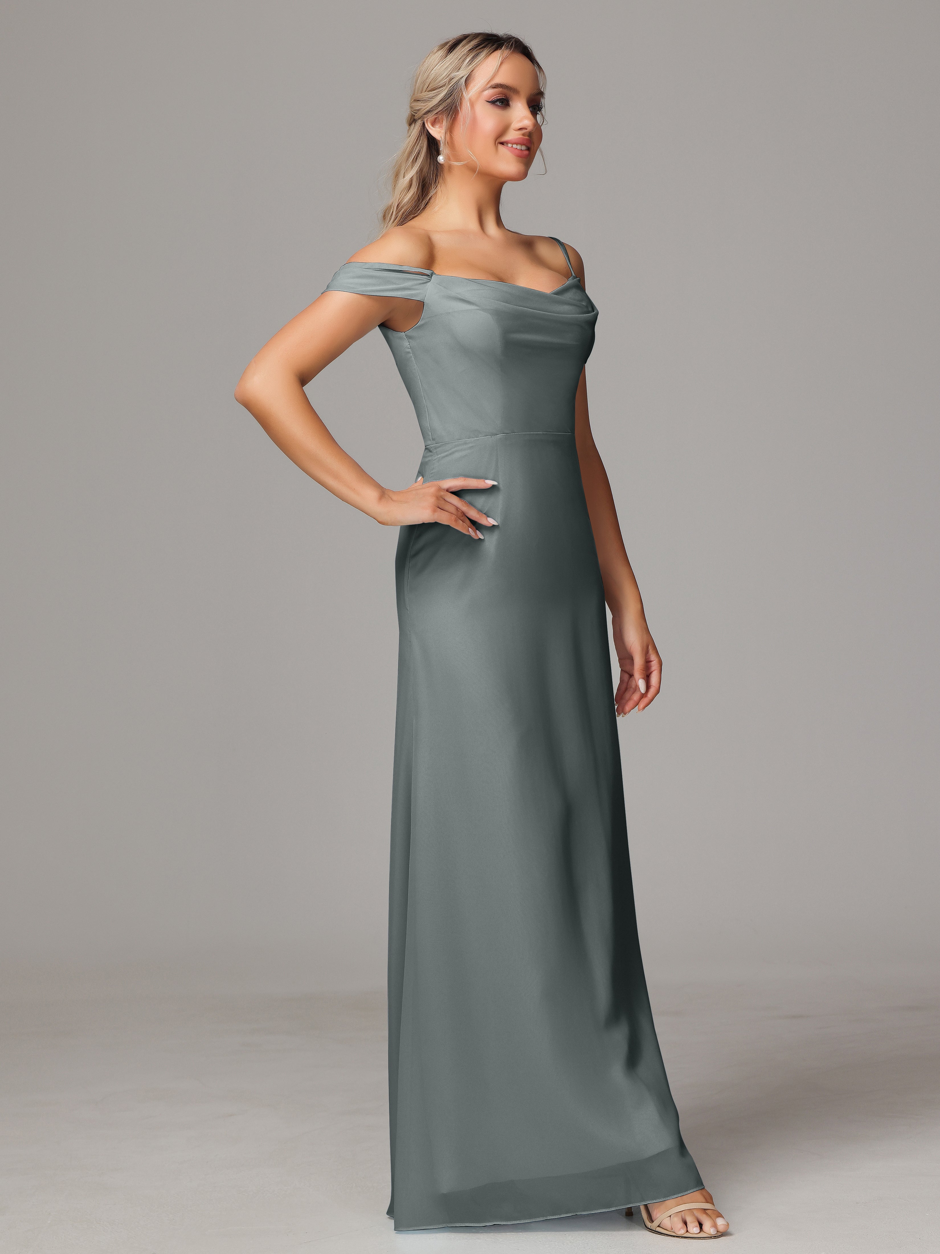 Spaghetti Straps Off The Shoulder Chiffon Wedding Guest Dress With Slit