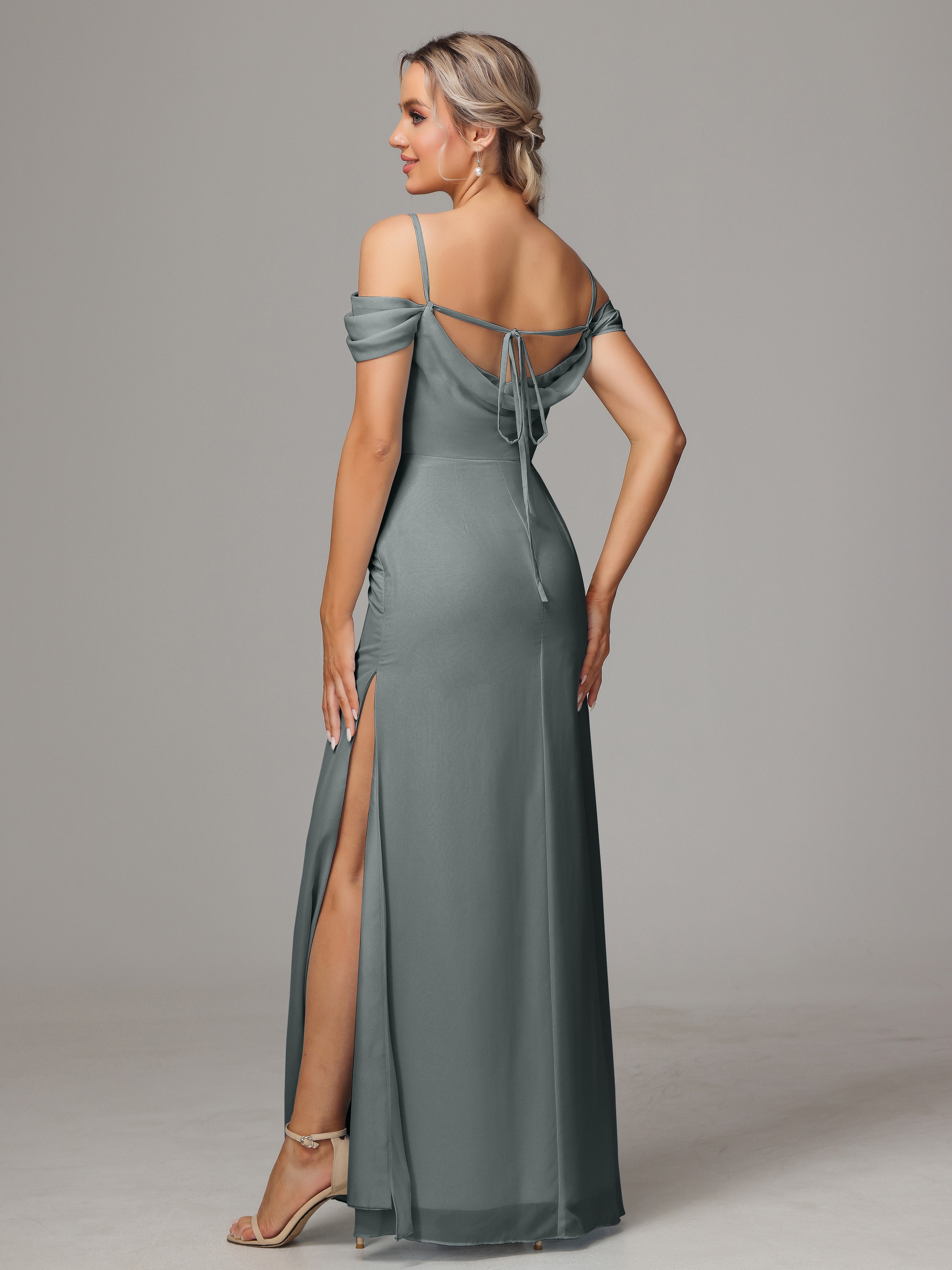 Spaghetti Straps Off The Shoulder Chiffon Wedding Guest Dress With Slit