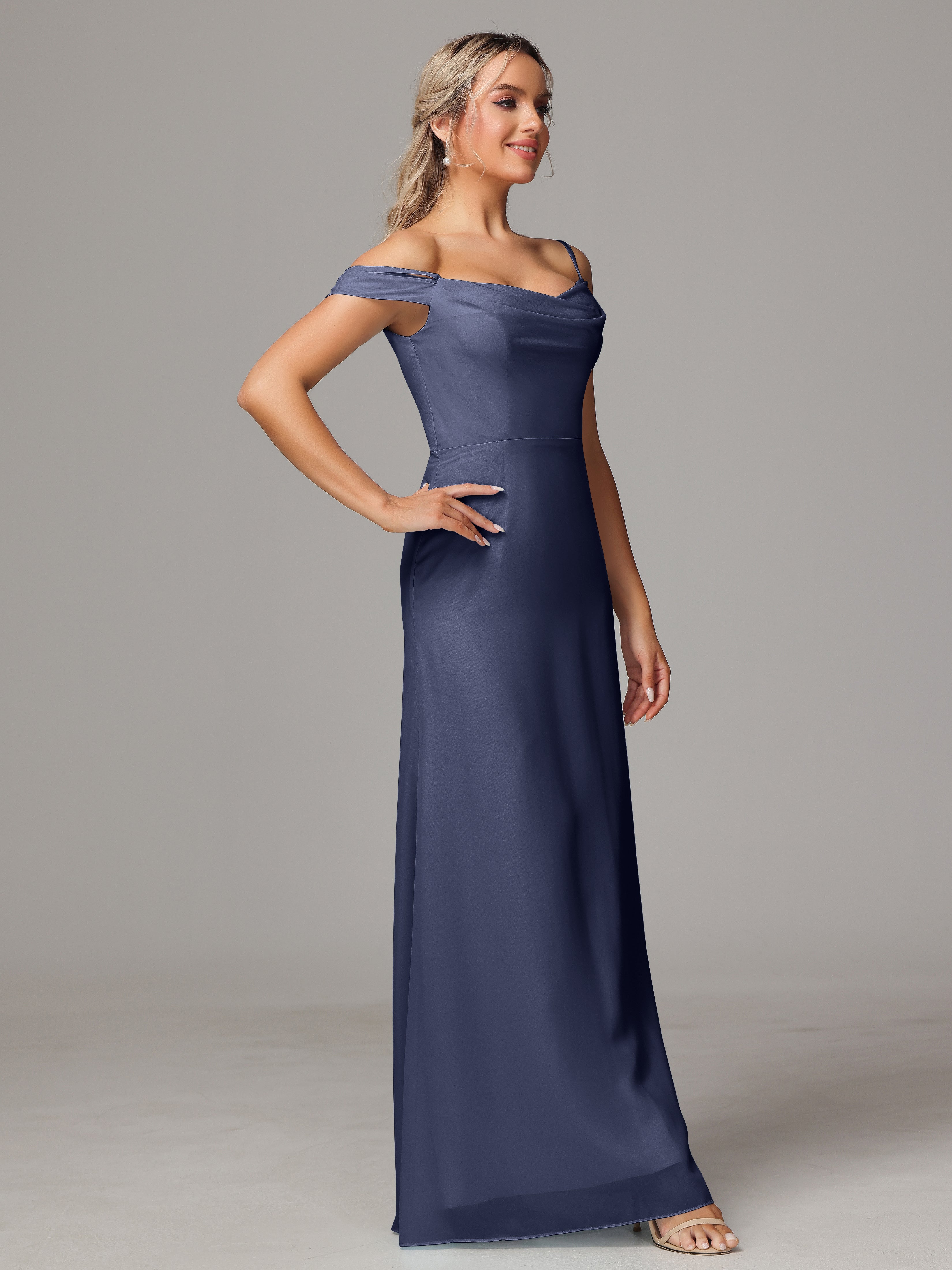 Spaghetti Straps Off The Shoulder Chiffon Wedding Guest Dress With Slit