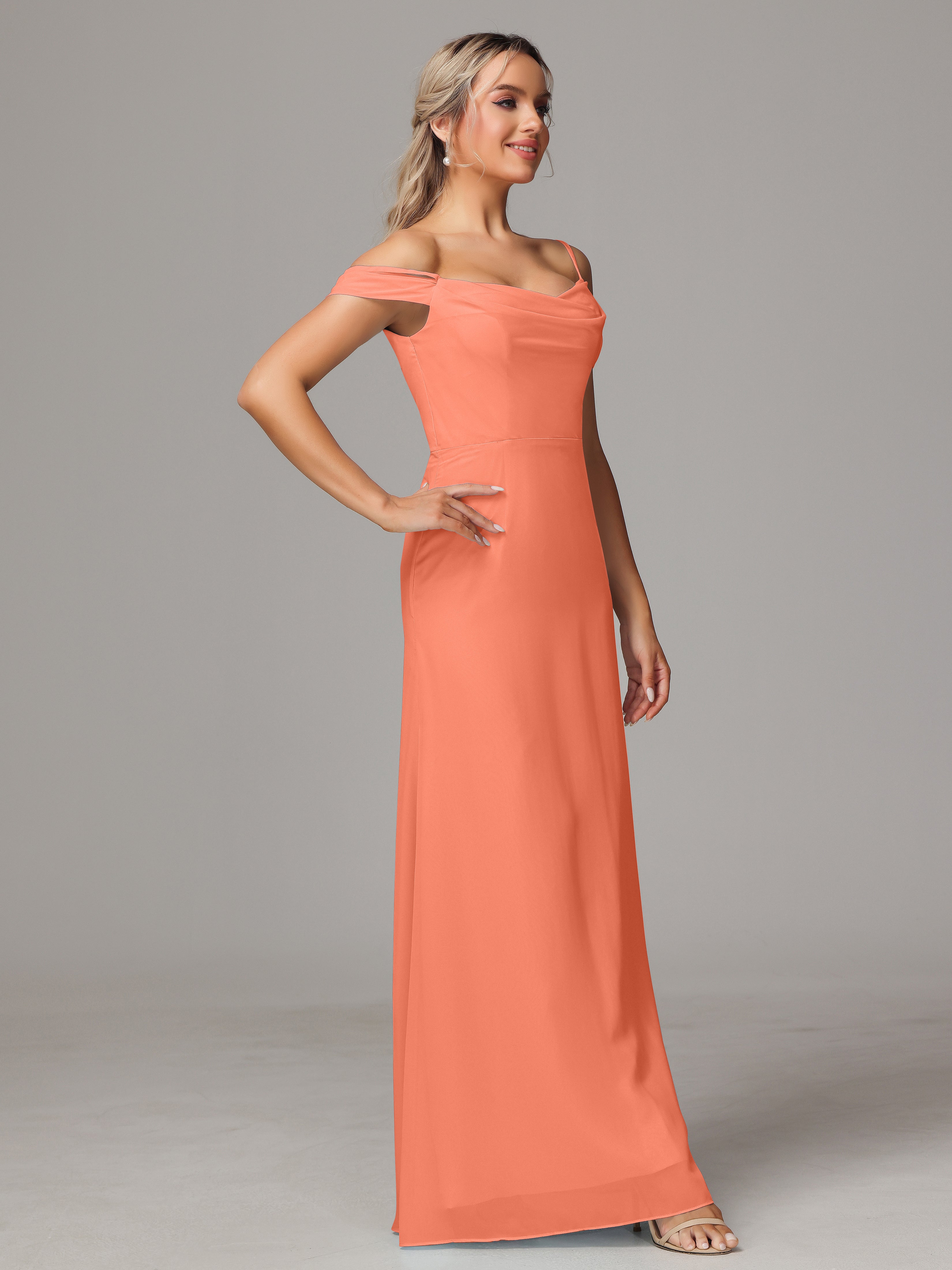 Spaghetti Straps Off The Shoulder Chiffon Wedding Guest Dress With Slit