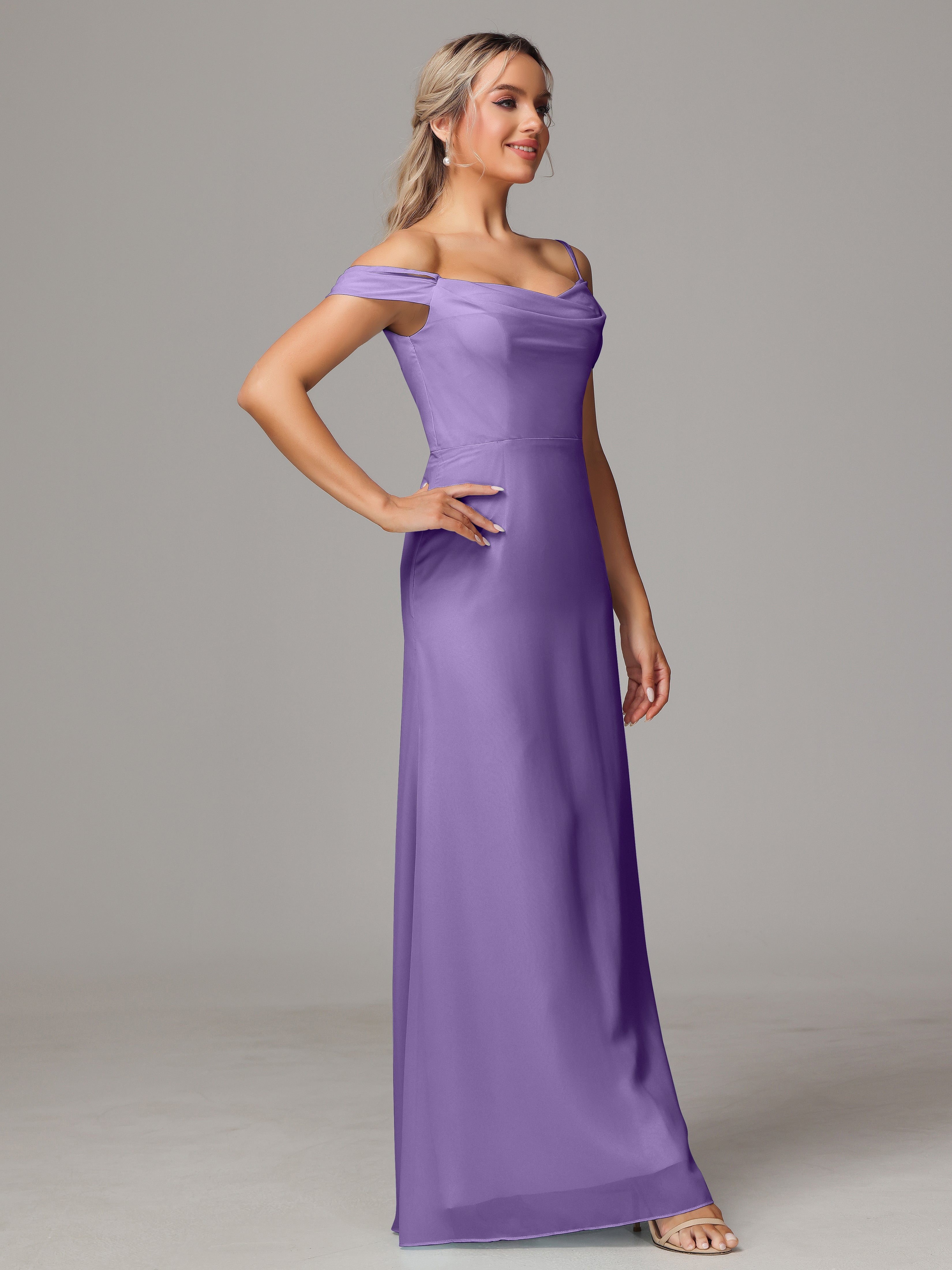 Spaghetti Straps Off The Shoulder Chiffon Wedding Guest Dress With Slit