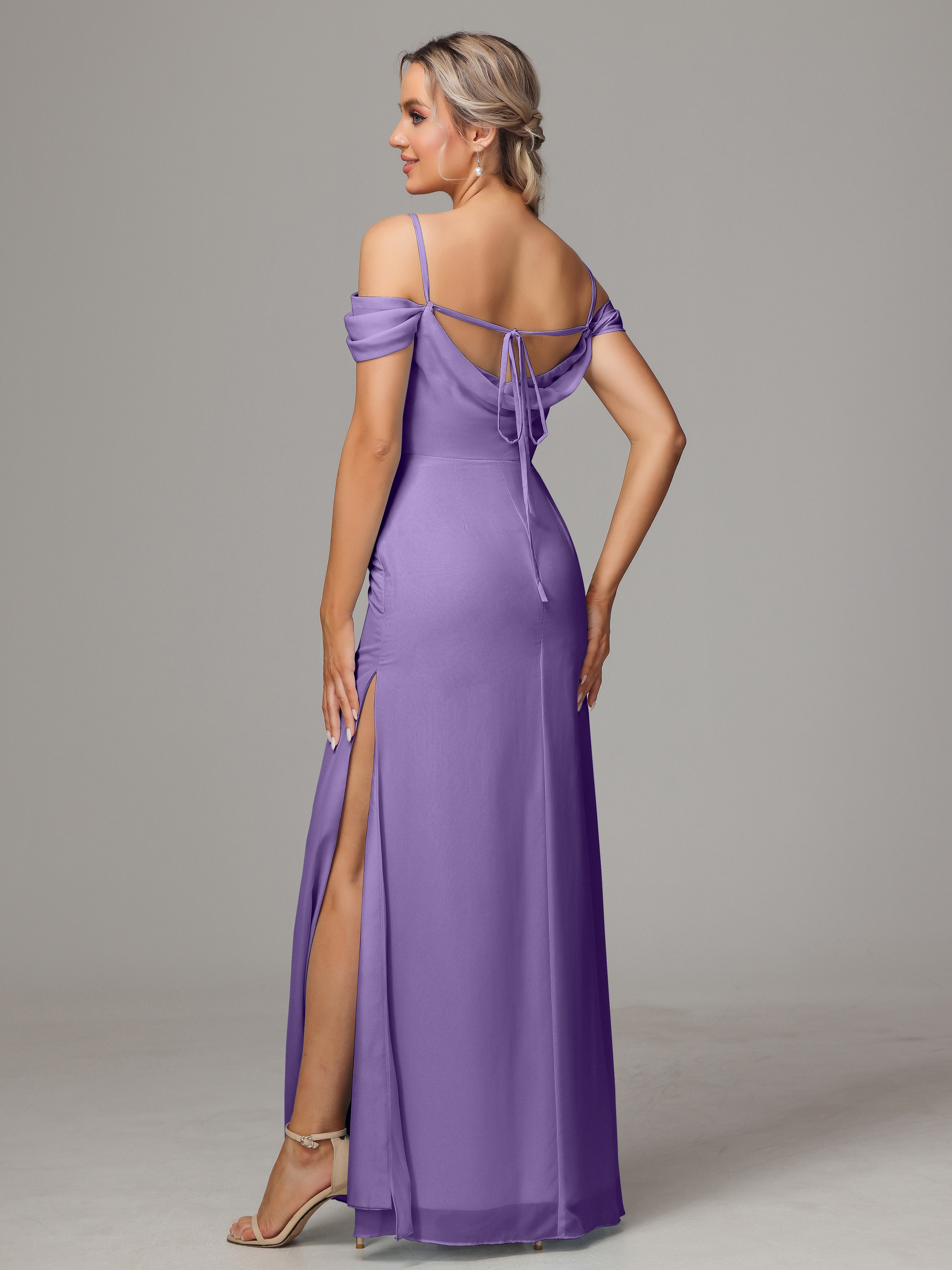 Spaghetti Straps Off The Shoulder Chiffon Wedding Guest Dress With Slit