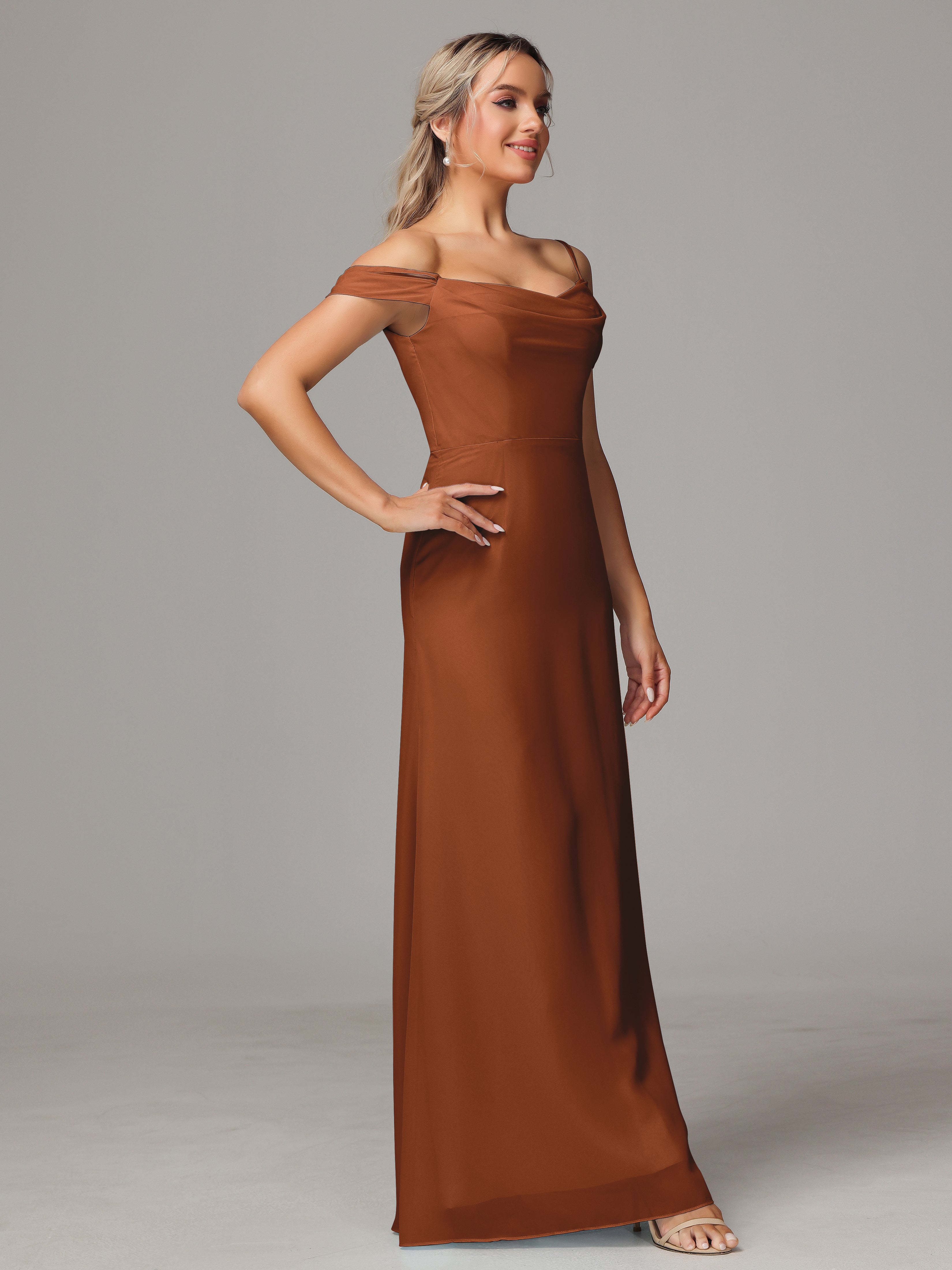 Spaghetti Straps Off The Shoulder Chiffon Wedding Guest Dress With Slit