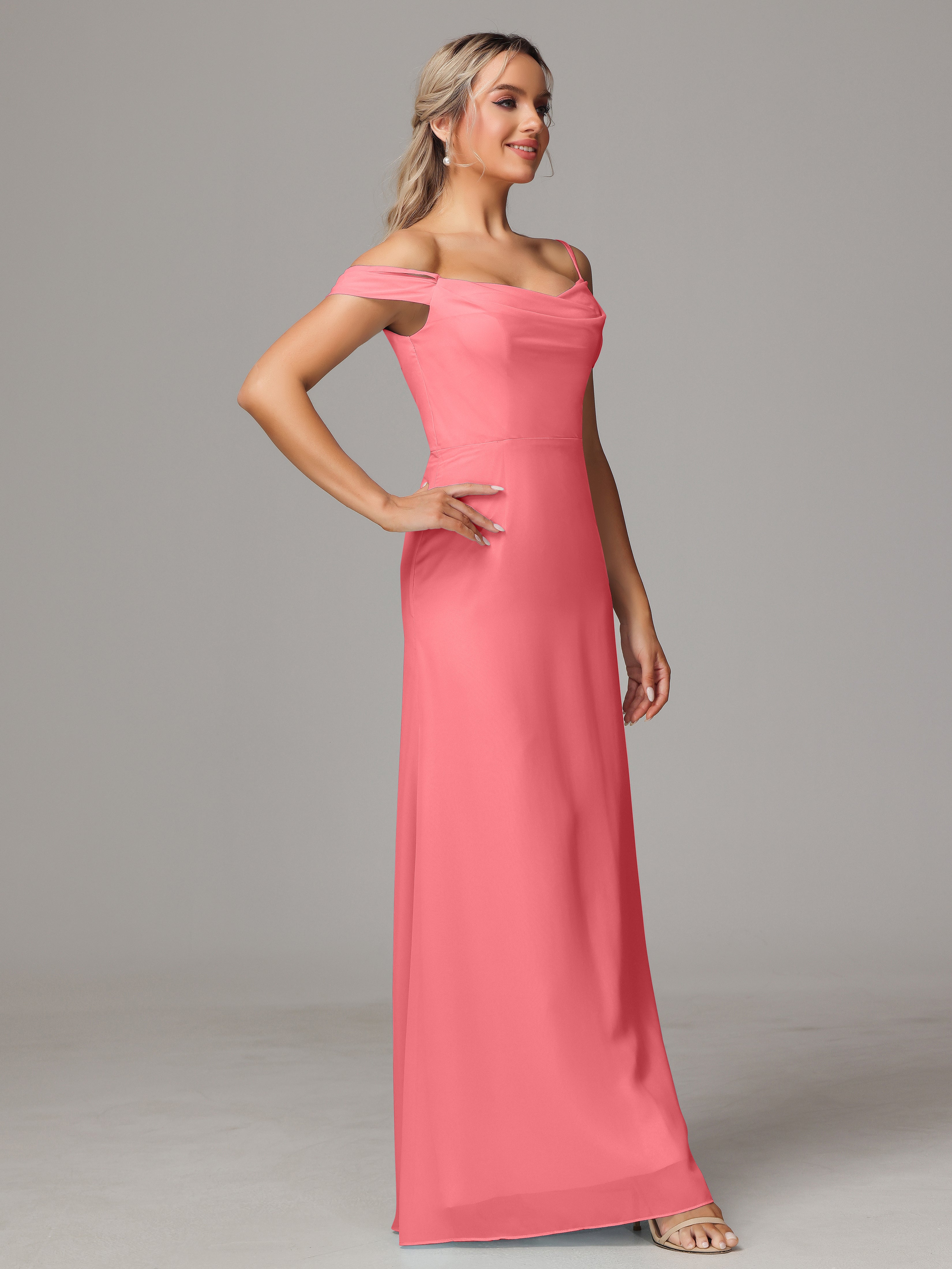 Spaghetti Straps Off The Shoulder Chiffon Wedding Guest Dress With Slit