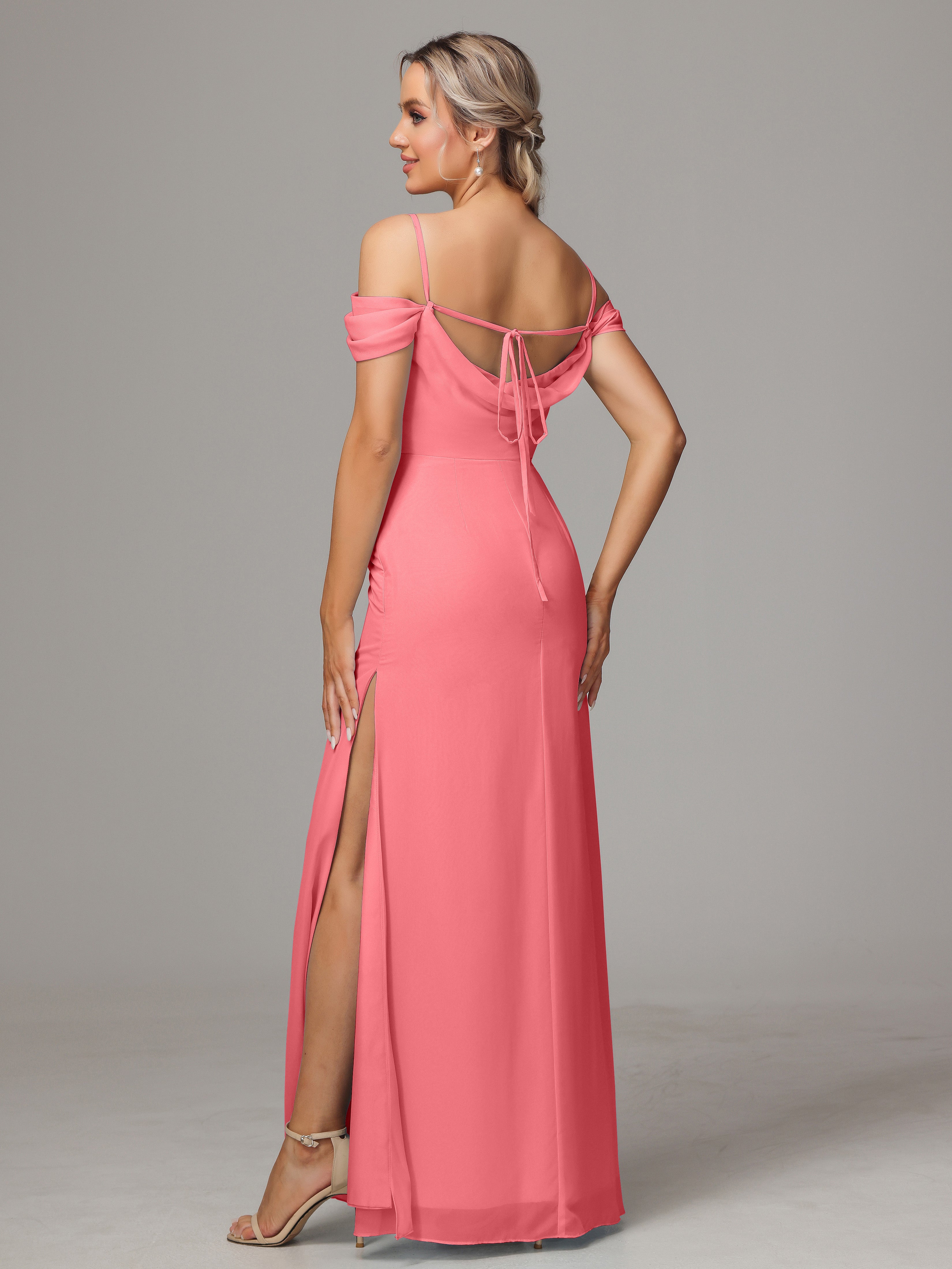 Spaghetti Straps Off The Shoulder Chiffon Wedding Guest Dress With Slit