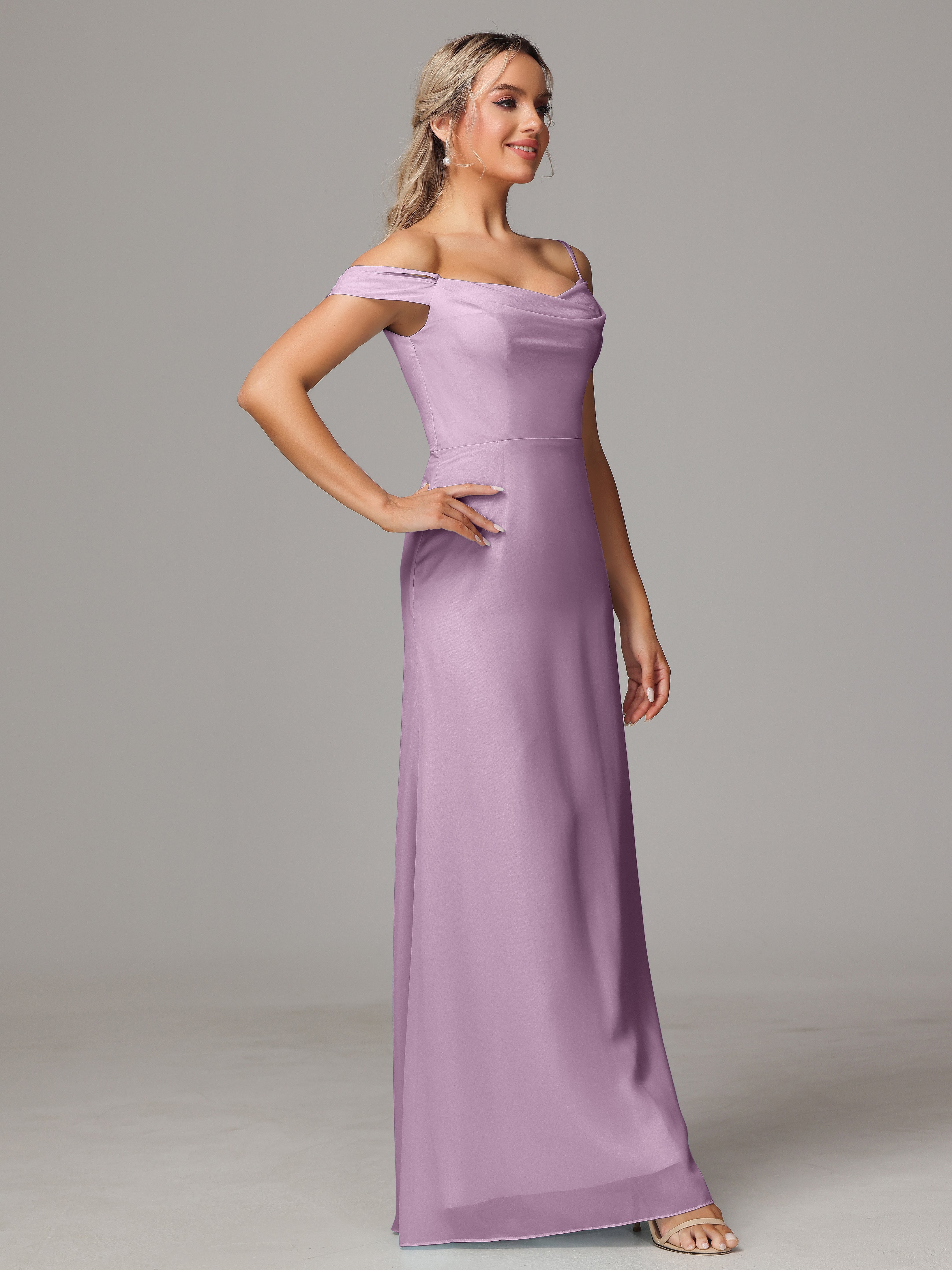 Spaghetti Straps Off The Shoulder Chiffon Wedding Guest Dress With Slit