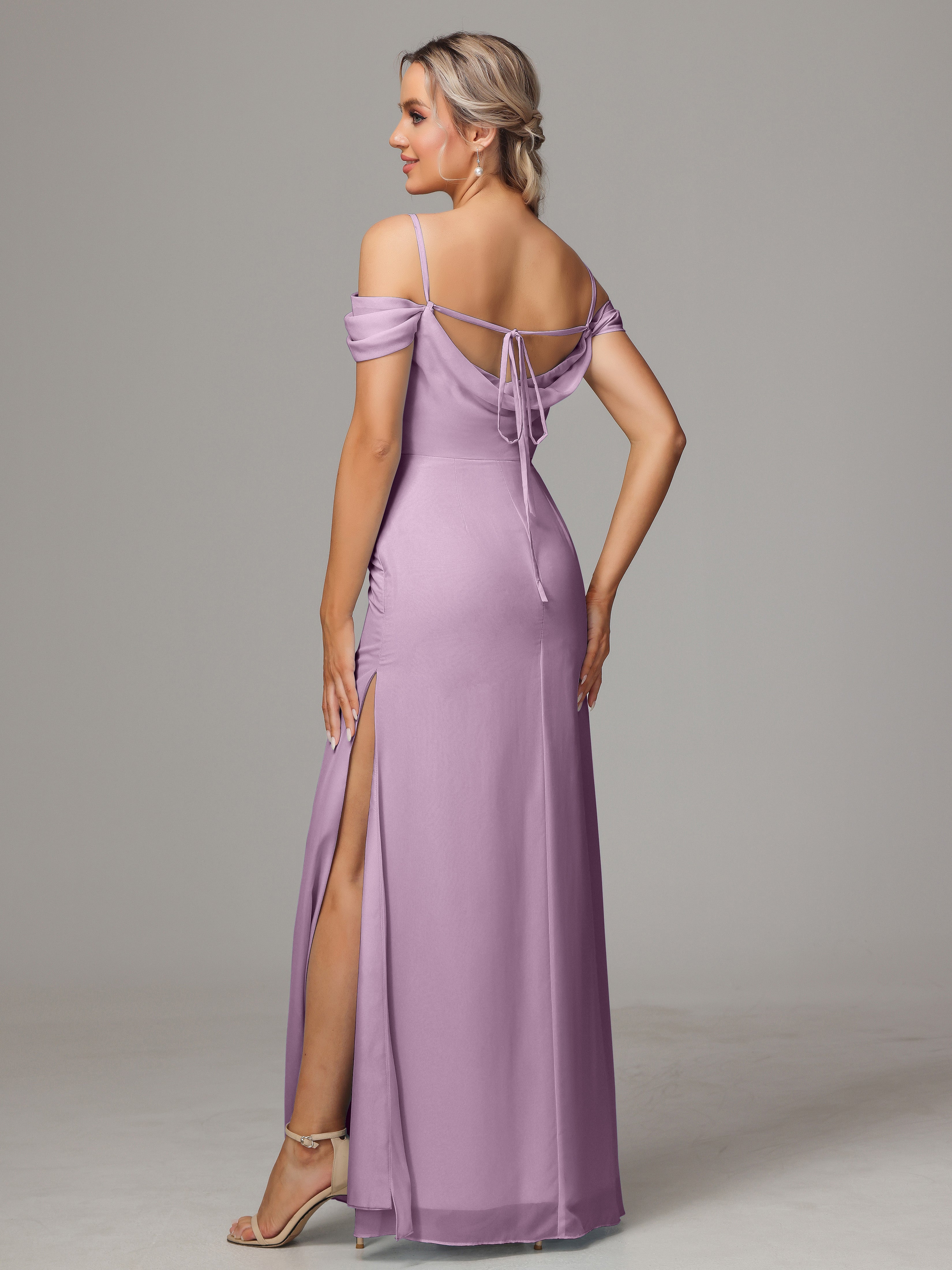 Spaghetti Straps Off The Shoulder Chiffon Wedding Guest Dress With Slit