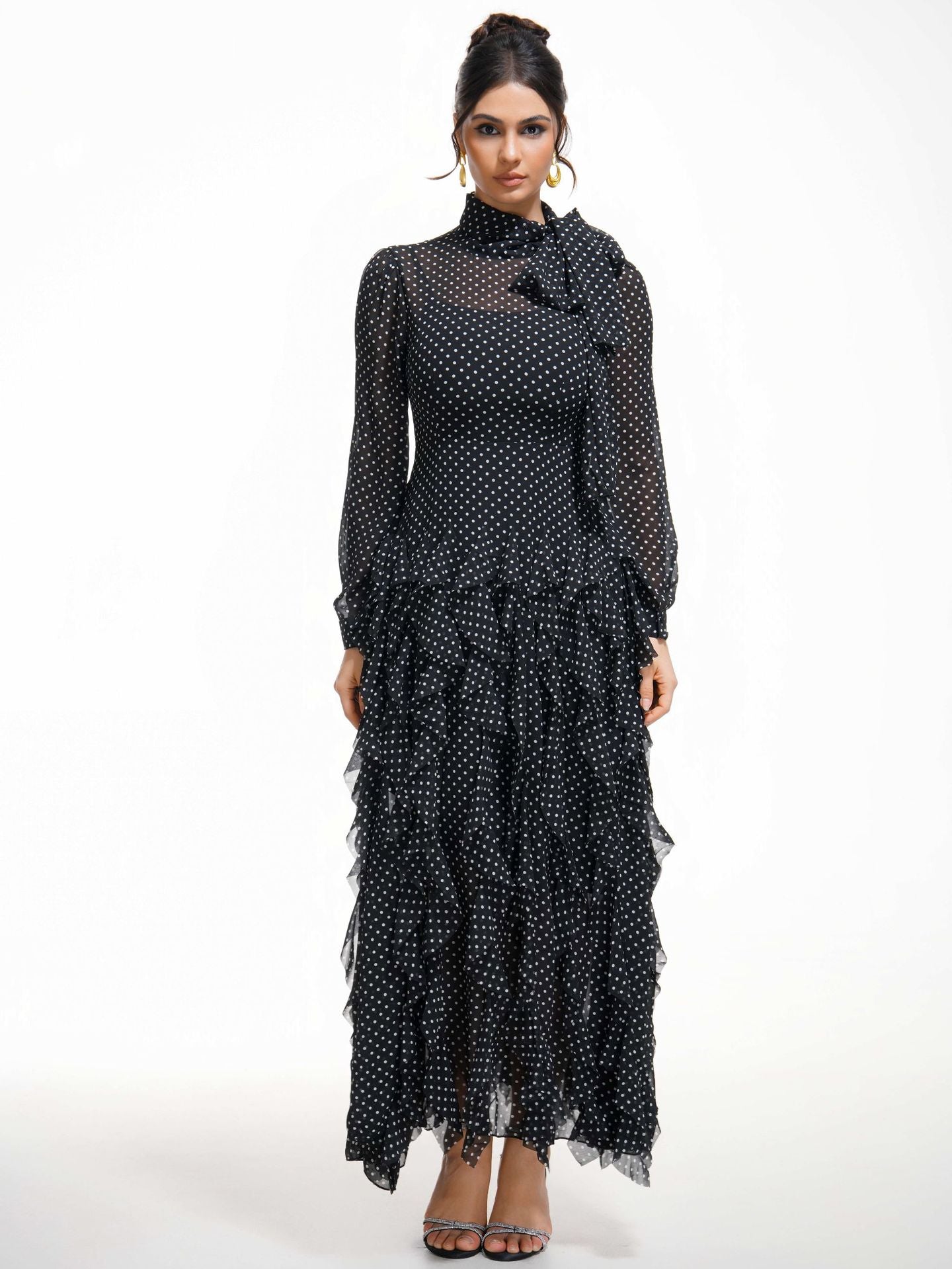 Black Temperament Polka Dot Half High Neck Long Sleeve Formal Dress, Black / XL Black Temperament Polka Dot Half High Neck Long Sleeve Formal Dress, Black / XL