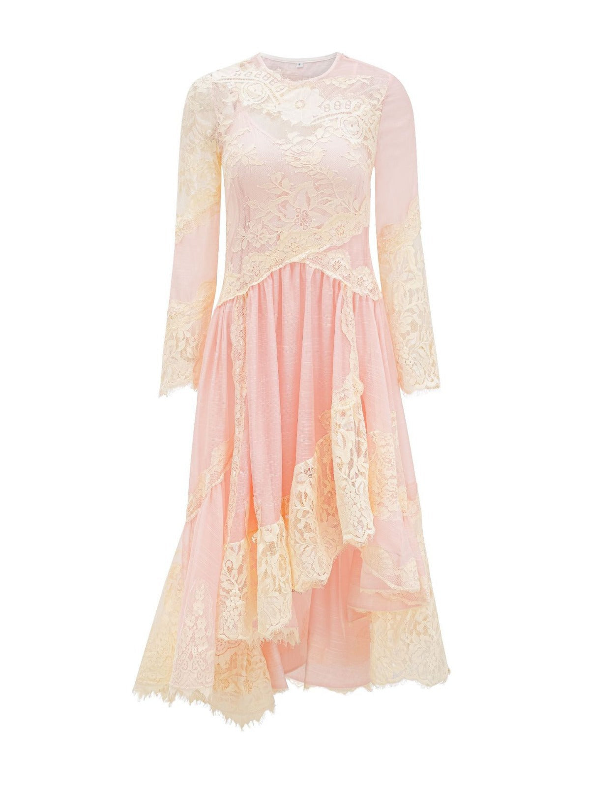 Sweet Pink Lace Long Sleeve Halter Two Piece Formal Dress, Pink / XL Sweet Pink Lace Long Sleeve Halter Two Piece Formal Dress, Pink / XL