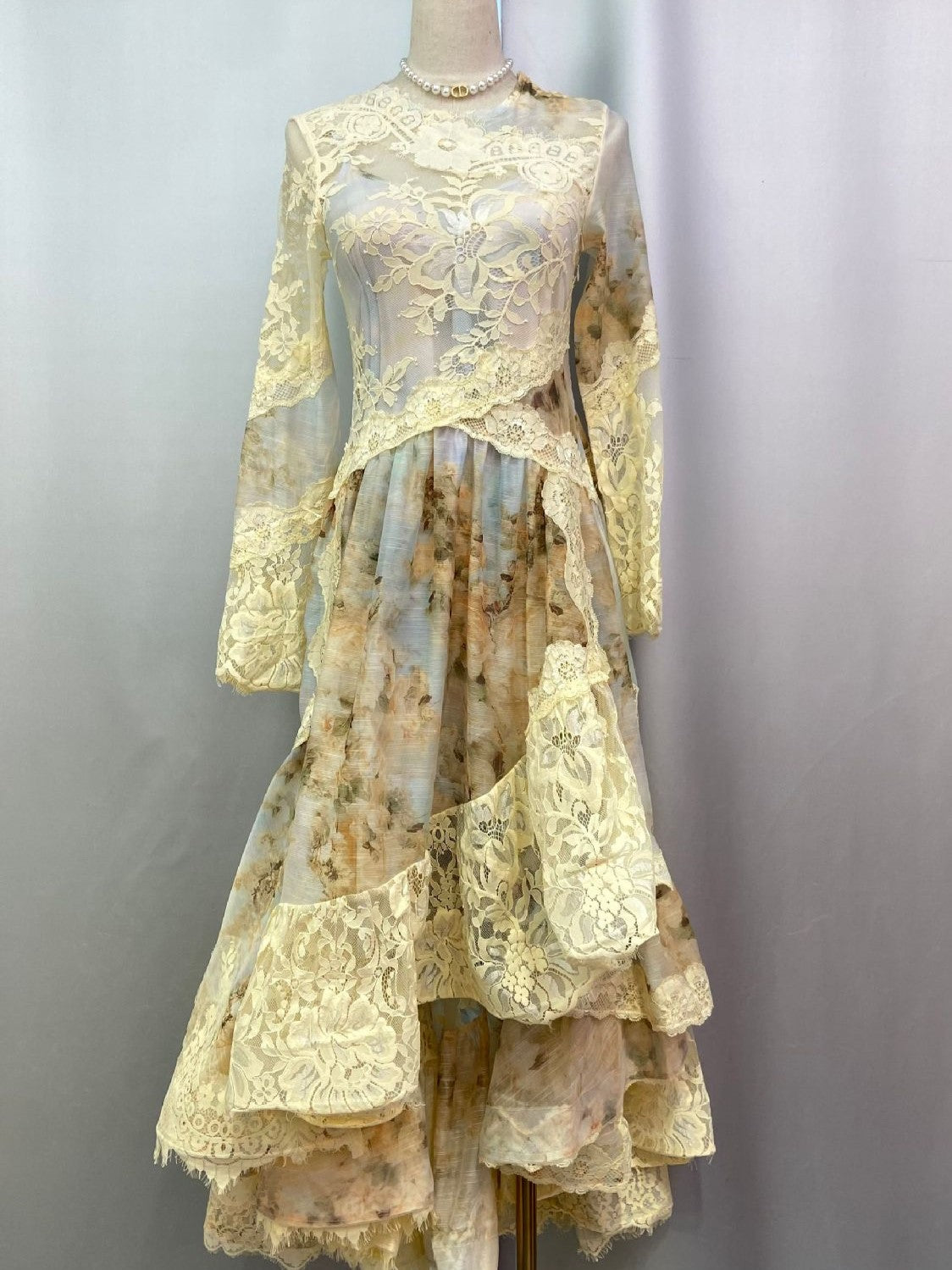 Floral Lace Long Sleeve Halter Two Piece Prom Dress Floral Lace Long Sleeve Halter Two Piece Prom Dress